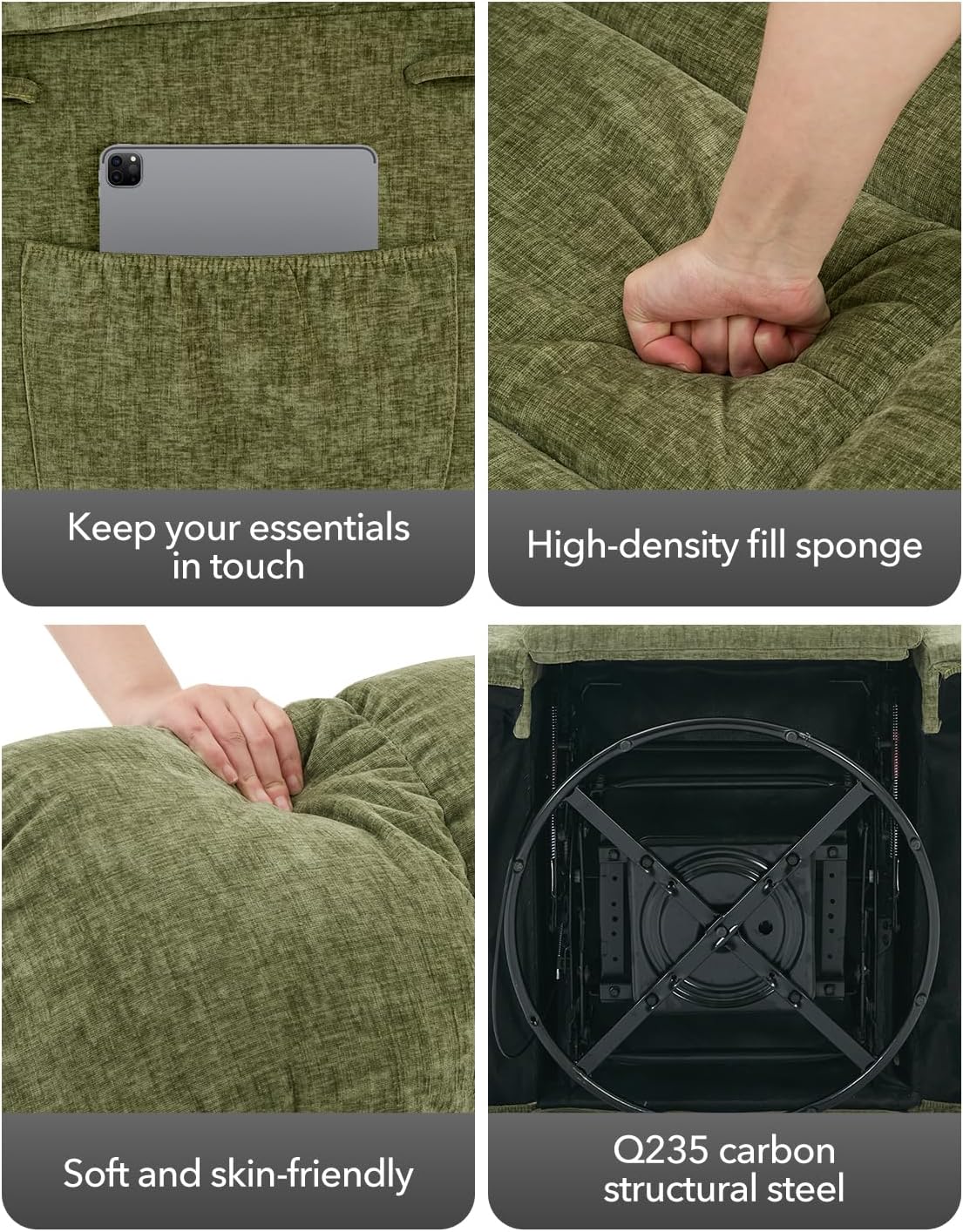 Rocking Recliner Chair,360° Swivel Rocker Chair for Living Room,Upholstered Fabric Glider Nursery Chair with Side Pockets for Small Spaces,Q235 Steel Frame Lazy Boy Recliner Single Sofa(Green)