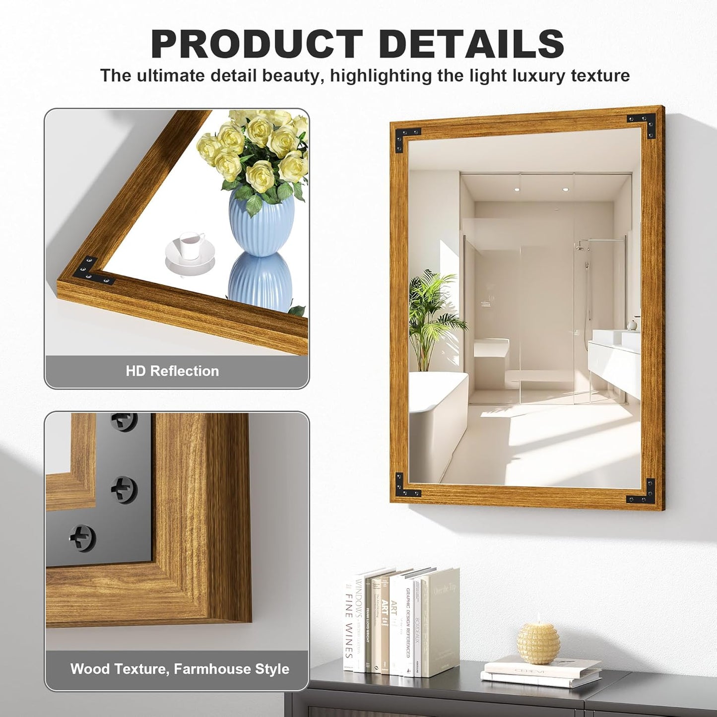 Hasipu Farmhouse Bathroom Mirror, 22"x30" Rustic Wood Framed Wall Mounted Mirror, Walnut Vintage Vanity Mirror Modern Farmhouse Style Decrative Mirrors