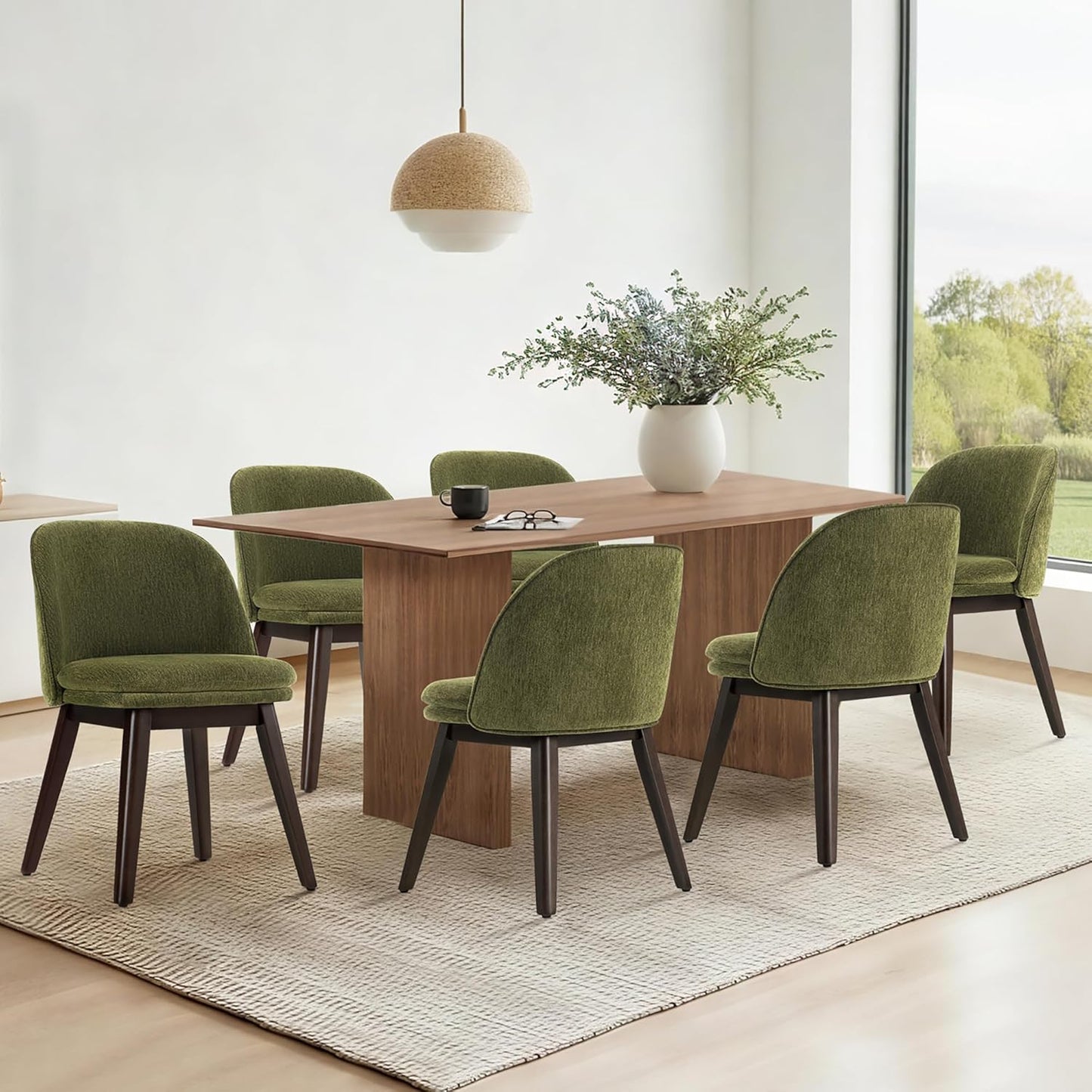 Wooden Dining Chairs Set of 4, Fabric Upholstered Modern Dining Room Chairs with Double-Layer Thick Seat Cushion & Ergonomic Backrest for Restaurant, Kitchen and Café, Green, 2 Boxs