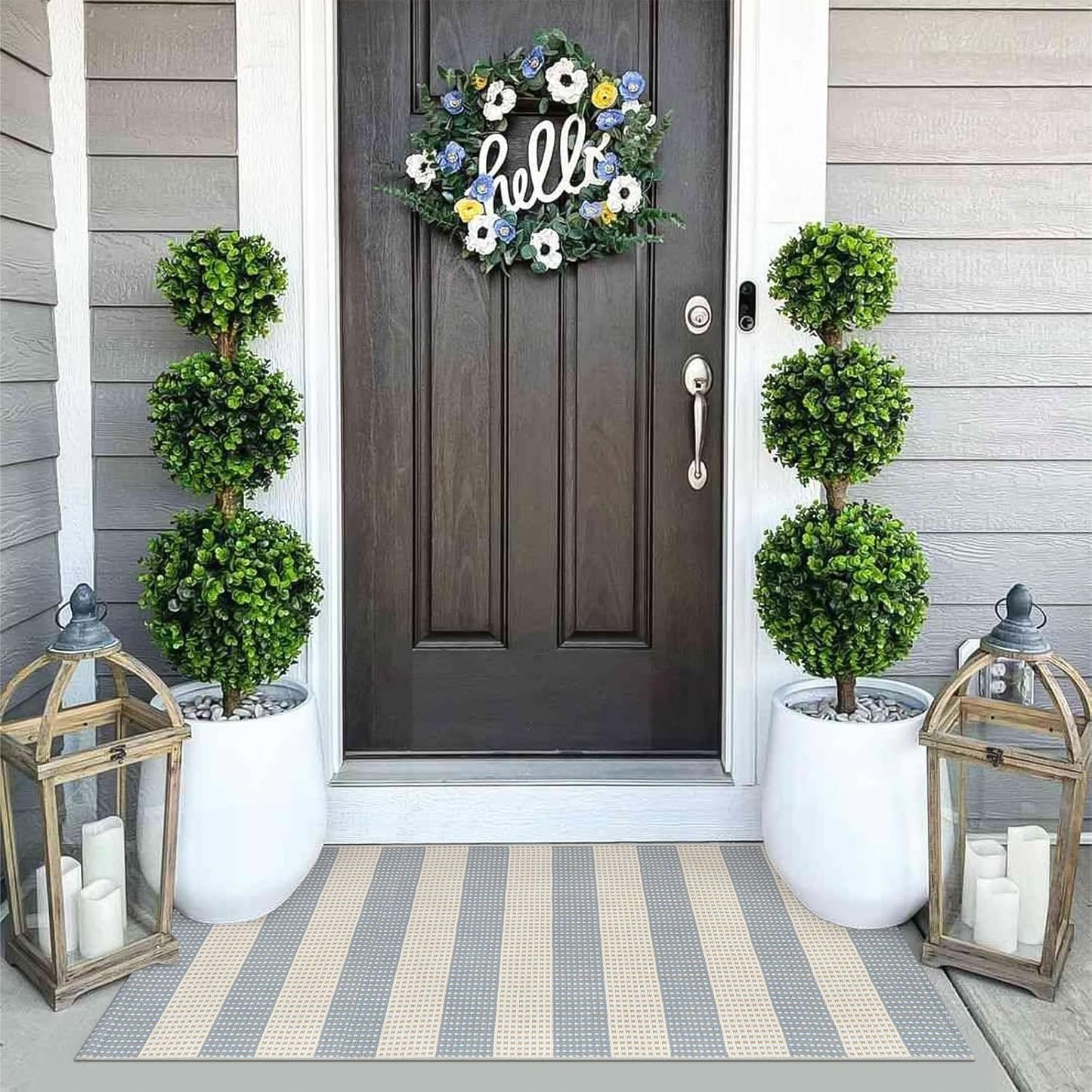 OJIA Outdoor Porch Rug Front Door Mat 24'x51, Washable Checkered Entry Striped Front Door Rug Cotton Woven Kitchen Carpet Small Area Rug for Entryway Patio Bedroom Bathroom (Blue/White/Tan)