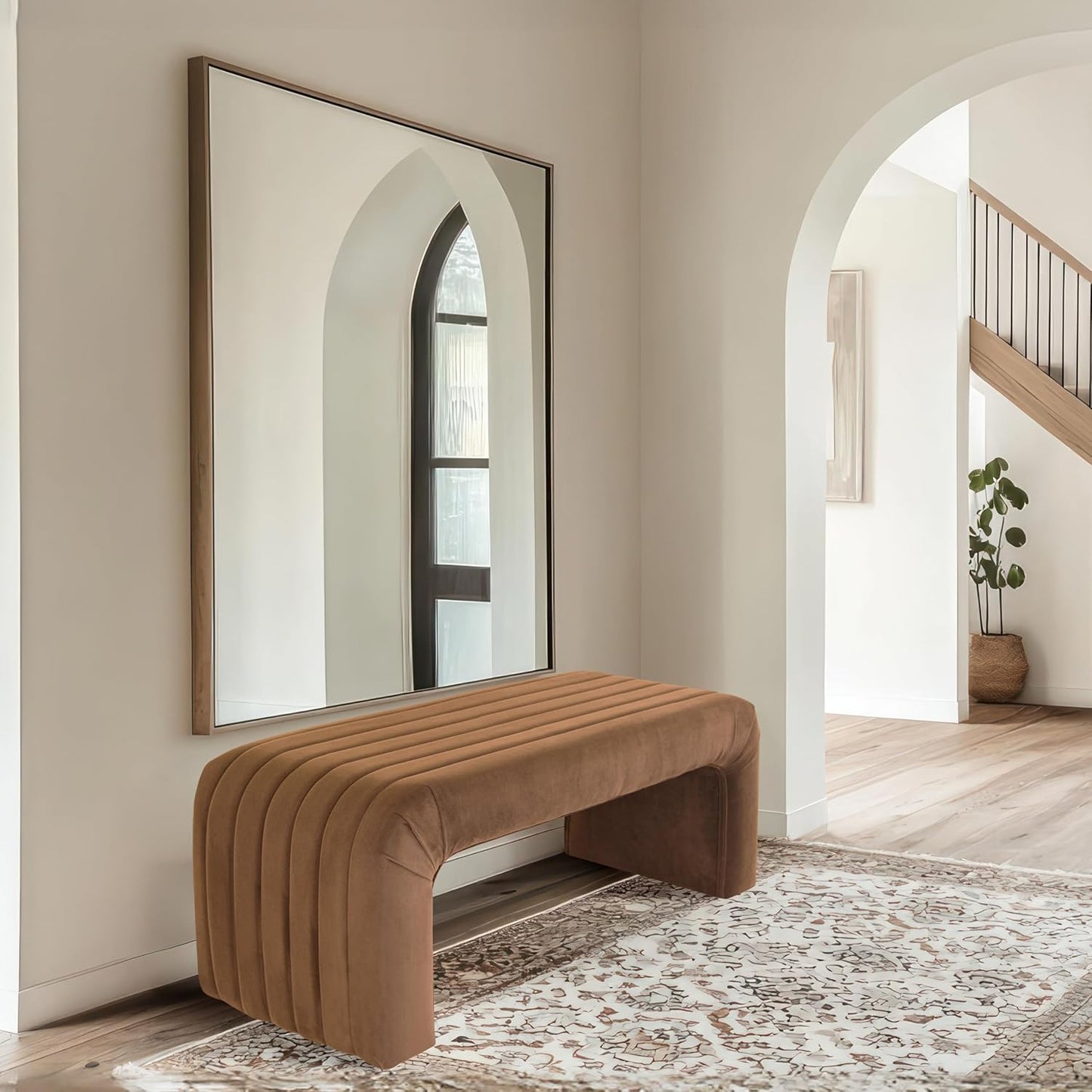 HomePop Arch Channel Bench|Bench for Living Room & Bedroom | Decorative Home Furniture - Rust Orange Velvet