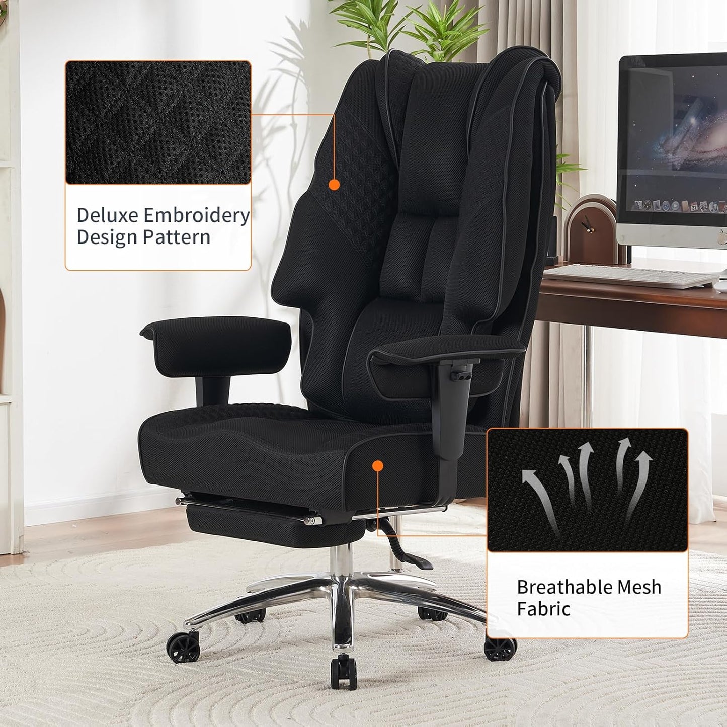 Big and Tall Office Chair 400lbs Wide Seat, Leather High Back Executive Office Chair with Foot Rest, Ergonomic Chairs Lumbar Support for Lower Back Pain Relief (Mesh Black)