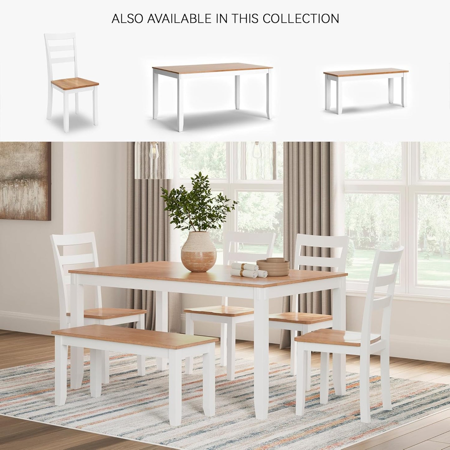 Signature Design by Ashley Gesthaven Modern Dining Table with 4 Chairs and Bench, Set of 6, White & Light Brown