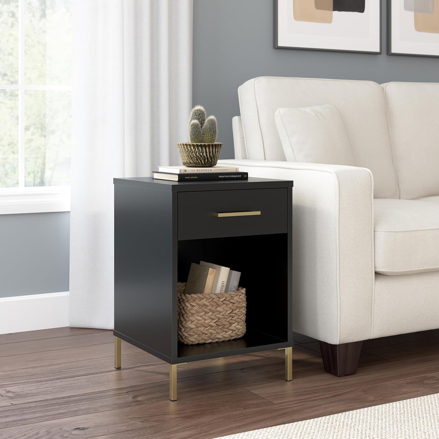 Bush Home Essence End Table with Drawer, Living Room and Bedroom Furniture, Essence Collection, Black Stipple