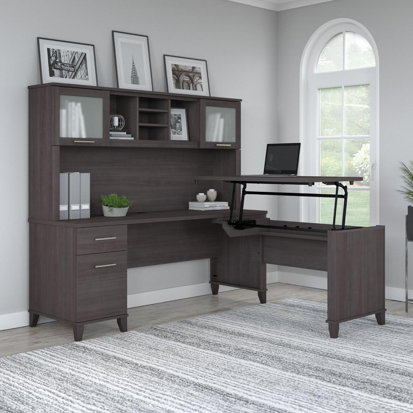 Bush Furniture Somerset 3 Position Sit to Stand L Shaped Desk with Hutch in Storm Gray | Ergonomic Height Adjustable Standing Computer/Laptop Table for Home Office
