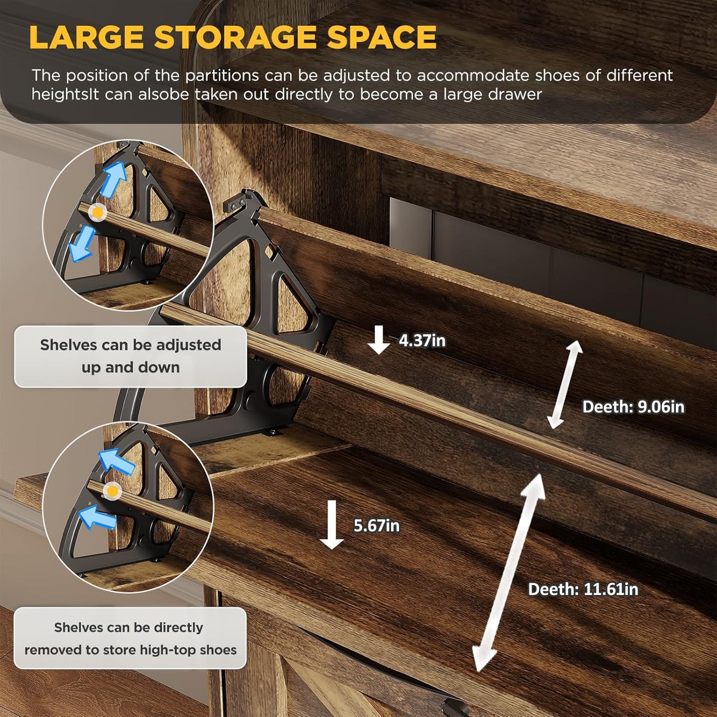 Maupvit Large Shoe Storage Cabinet with 4 Flip Drawers, Narrow Shoe Cabinet for Entryway with Wooden Legs, Freestanding Hidden Shoe Rack Organizer & Metal Hinges, Rustic Brown