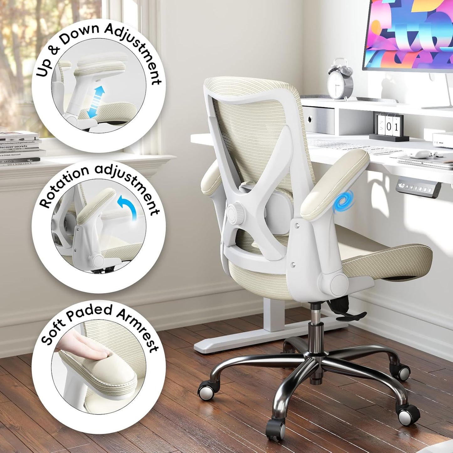 Home Office Ergonomic Chair-Computer PU Leather X-Shaped Desk Chair-Gaming Chair with Adjustable Flip-up Armrests Lumbar Support Mesh Executive Chair for Long Hours Office (Beige)