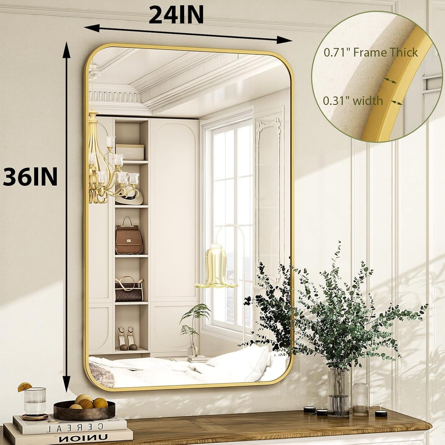24 x 36 Inch Bathroom Mirror, Rounded Rectangular Vanity Mirror for Wall, Modern Mirror for Room Decor, Gold Framed Wall-Mounted Mirrors for Home Decor, Hangs Horizontally or Vertically