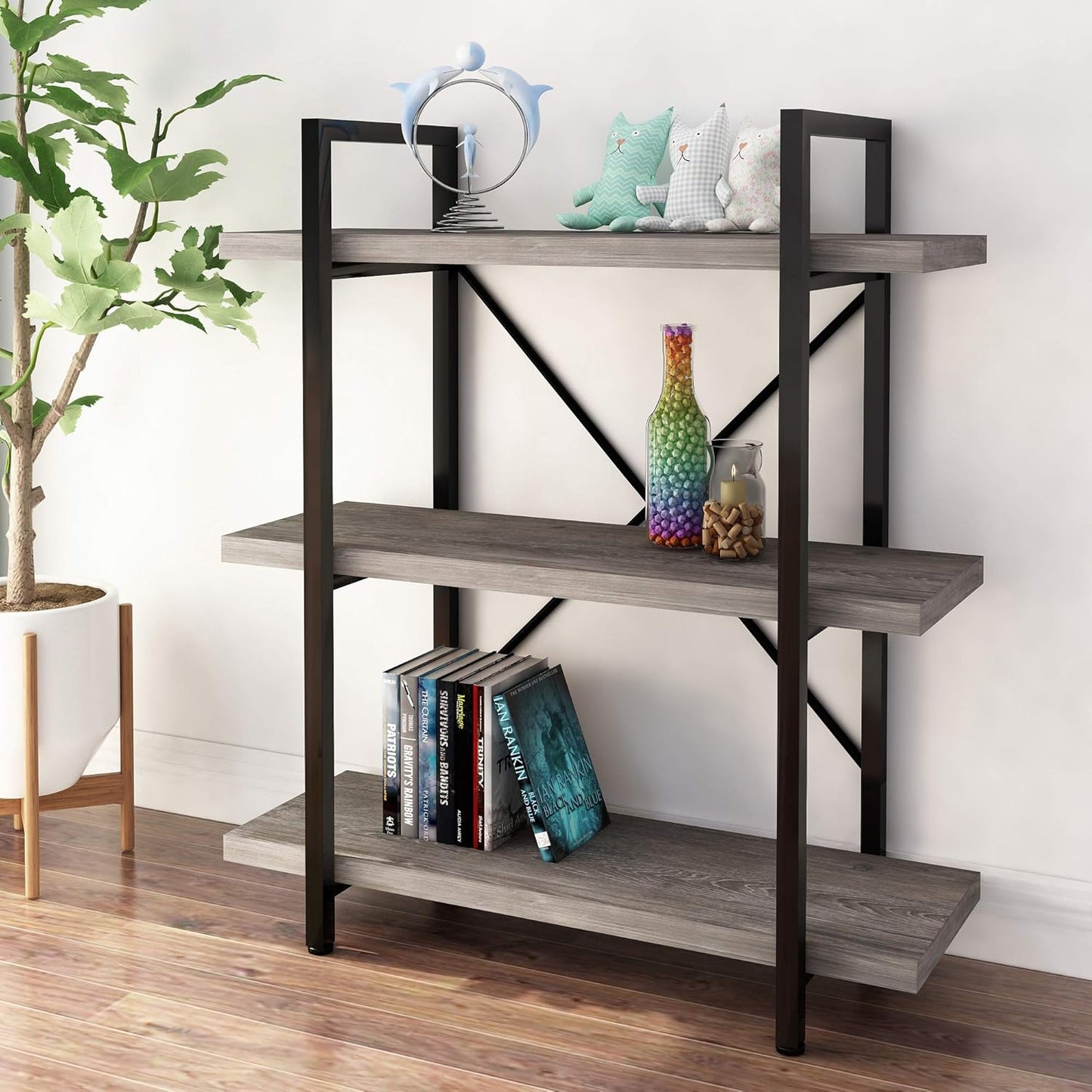 45MinST 3-Tier Vintage Industrial Style Bookcase/Metal and Wood Bookshelf Furniture for Collection,Gray Oak, 3/4/5 Tier (3-Tier)