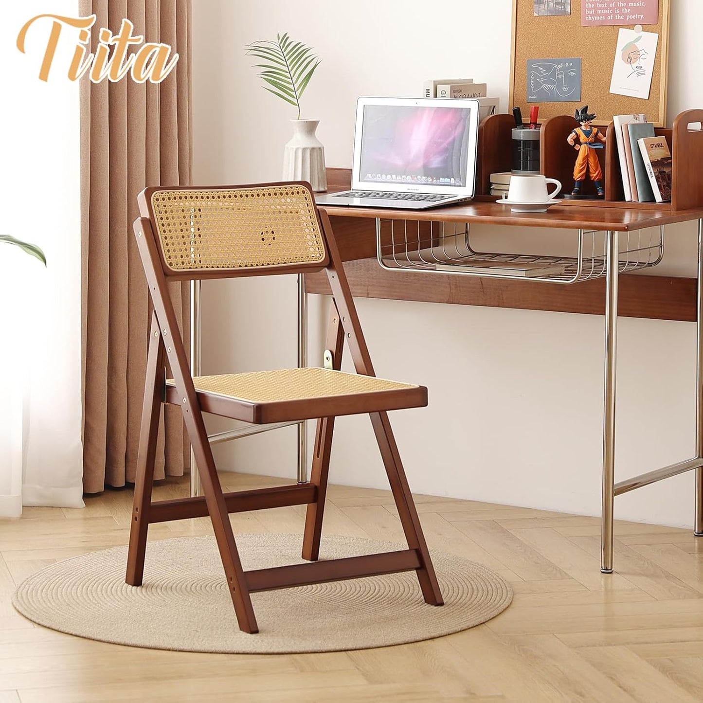 Tiita Rattan Dining Chairs Set of 2, Mid Century Modern Folding Chair, Bamboo Folding Dining Chairs for Small Space, Dining Room, Living Room, Bedroom, Walnut