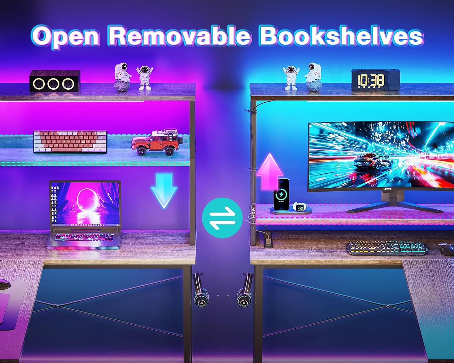 AODK L Shaped Desk Gaming Desk with LED Light & Power Outlet, 53 Inch Reversible L Shaped Computer Table with Shelf & Storage Bag & Hook for Home Office, Grey Oak