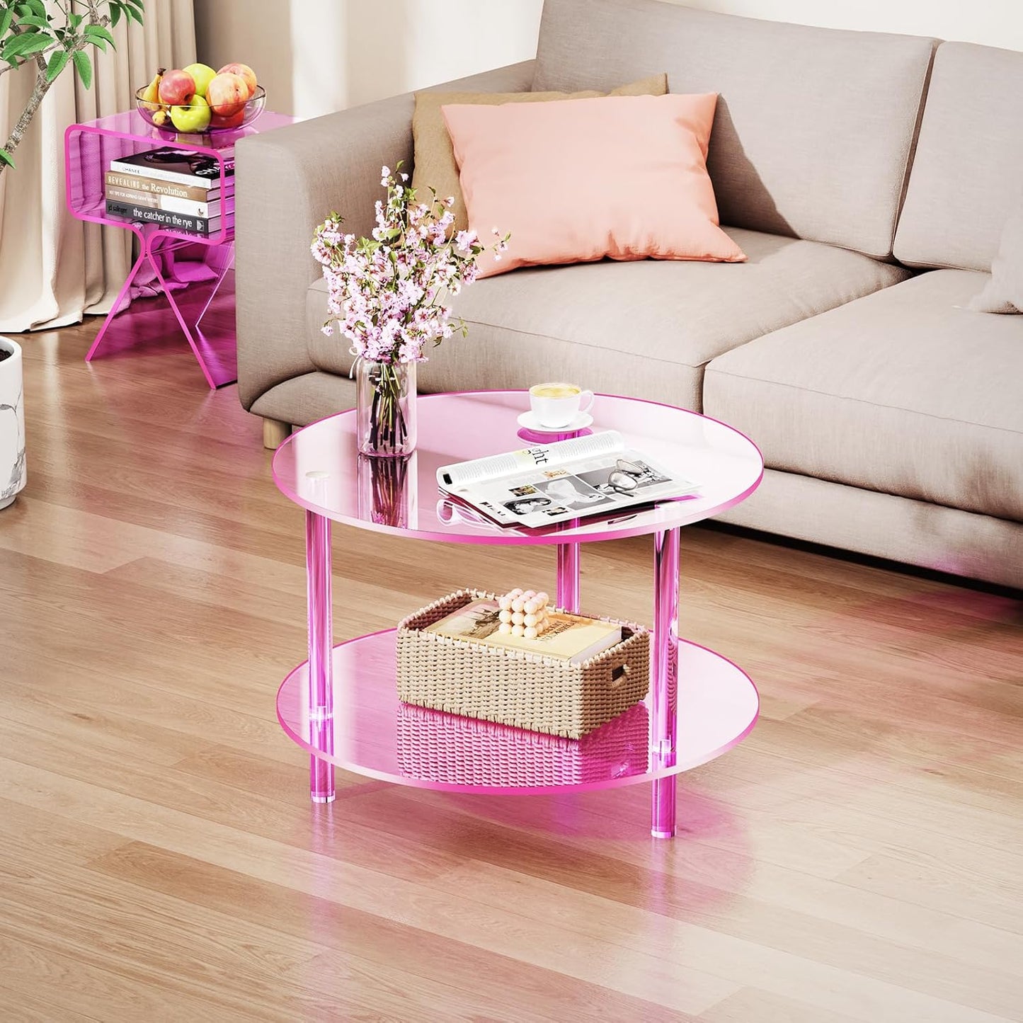 Acrylic Nightstand Side Table Modern Design Clear Home Decor Display End Table for Living Room (Pink)