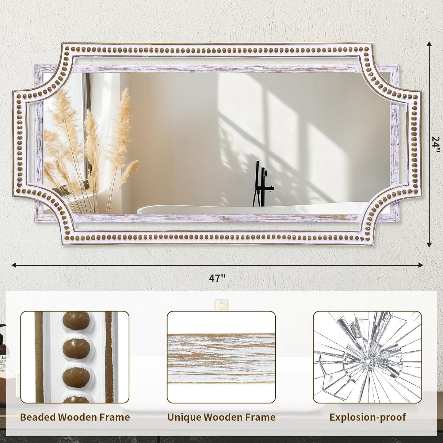 24" X 47" Wooden Farmhouse Large Wall Mirror, Rustic Art Decorative Full Length Mirrors for Living Room, Bedroom, Bathroom, Entryway - Hang Horizontally or Vertically