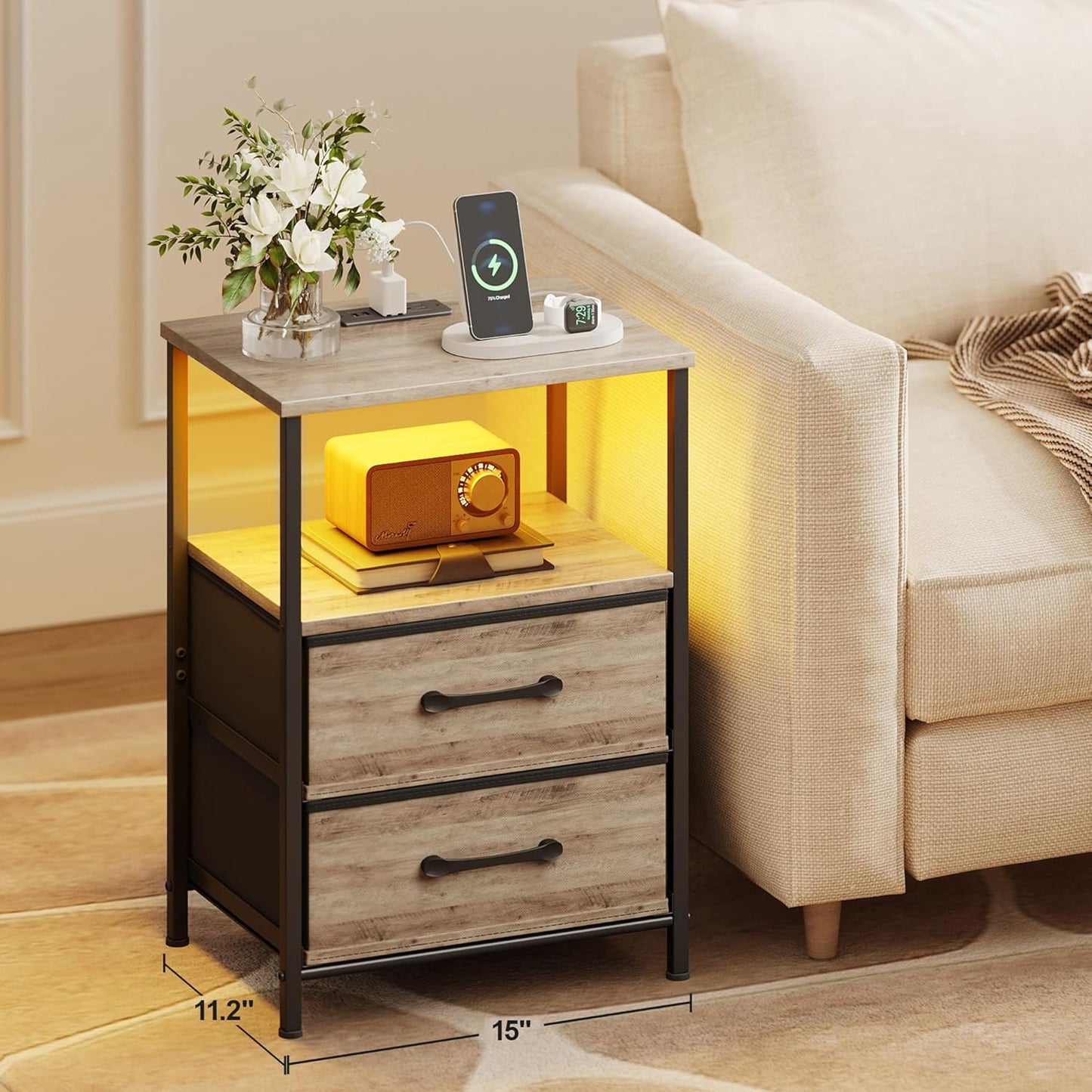 Nightstands Set of 2, Night Stand with Charging Station and Led Lights, Bedside Table with 2 Fabric Drawers for Bedroom, Small Side End Table with Open Shelf, Greige