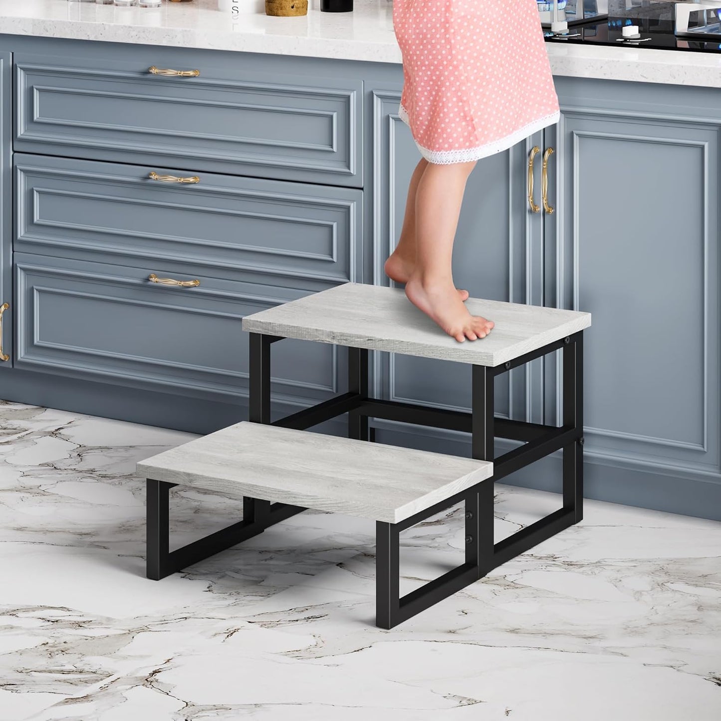 Homeiju 3 in 1 Step Stools for Adults Kids Toddler, Heavy Duty Wooden Step Stool with Non-Slip Pads, 2 Tire Step Stool for Kitchen Bathroom Bedroon Stepping Stool, Light Grey