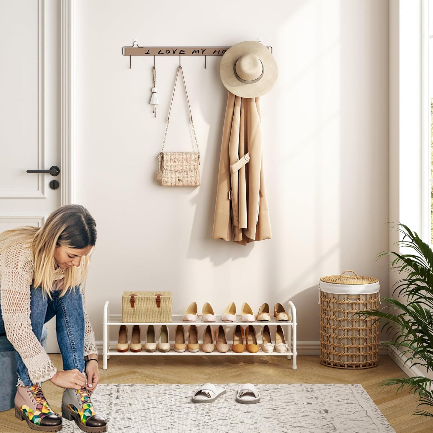 Hoctieon 2 Tier Shoe Rack for Closet, Durable Mesh Style Shoe Rack, Entryway Shoe Shelf, Shoe Storage Organizer for Hallway, Bedroom, Living Room, Wardrobe, White