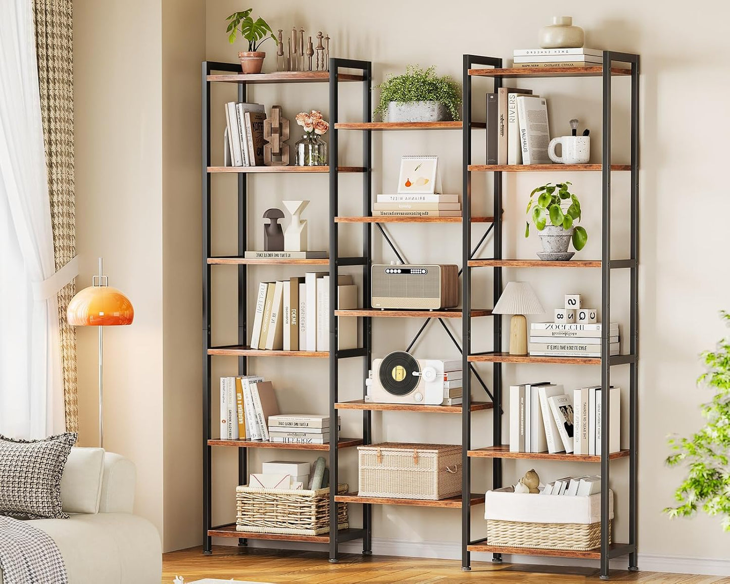 Casaottima Triple 6 Tier Bookshelf, Large Bookcase with 17 Open Display Shelves, Modern Industrial Book Shelves Book Case for Bedroom, Wide Standing Shelving Unit for Living Room Home Office, Vintage