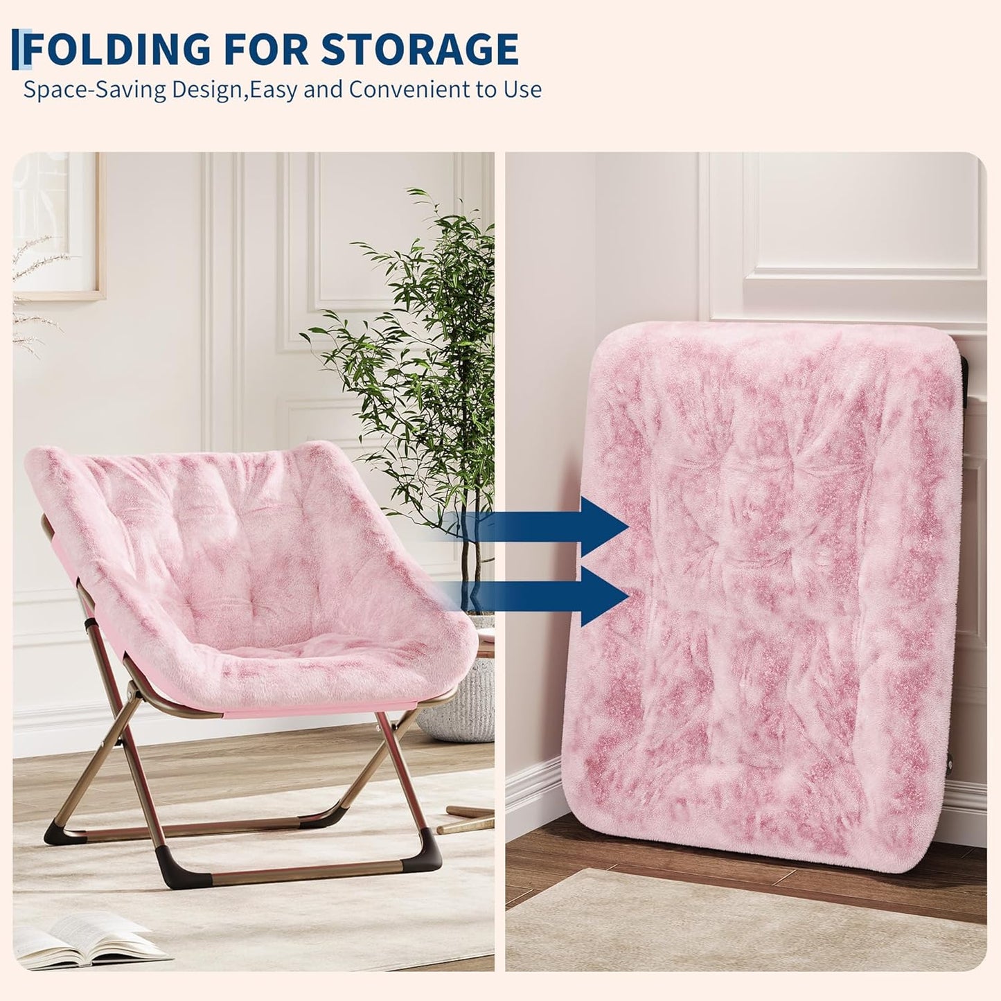 Comfy Chair for Adults, Foldable Living Room Chairs, Soft Faux Fur Folding Lounge for Bedroom Living Room Dorm Rooms, Flexible Reading Chair for Teens (2, Pink, Extra Large)
