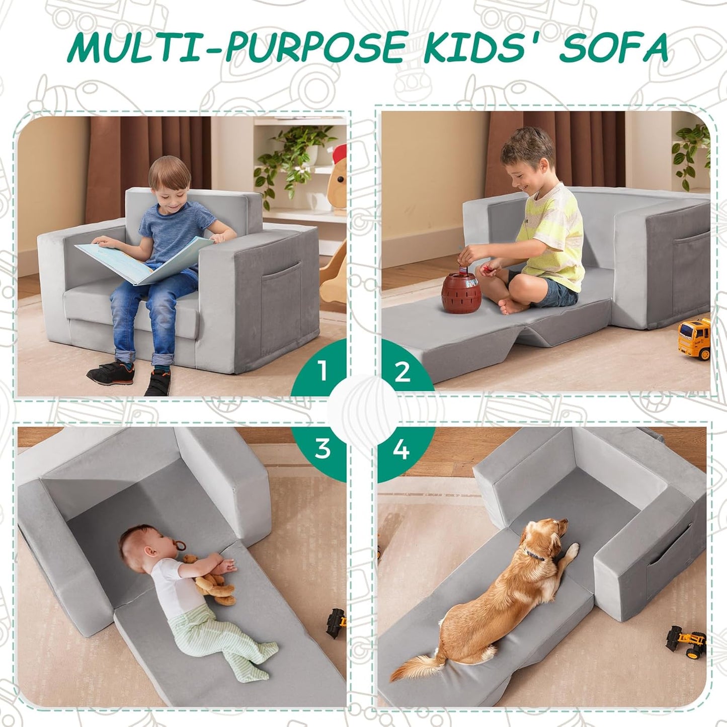 Kids Couch, 2-in-1 Toddler Chair Comfy 1-3 Years Old, Convertible Kids Chair, Toddler Couch That Fold Out, Kid Lounge Chairs for Boys and Girls, Soft Coral Fleece, Grey