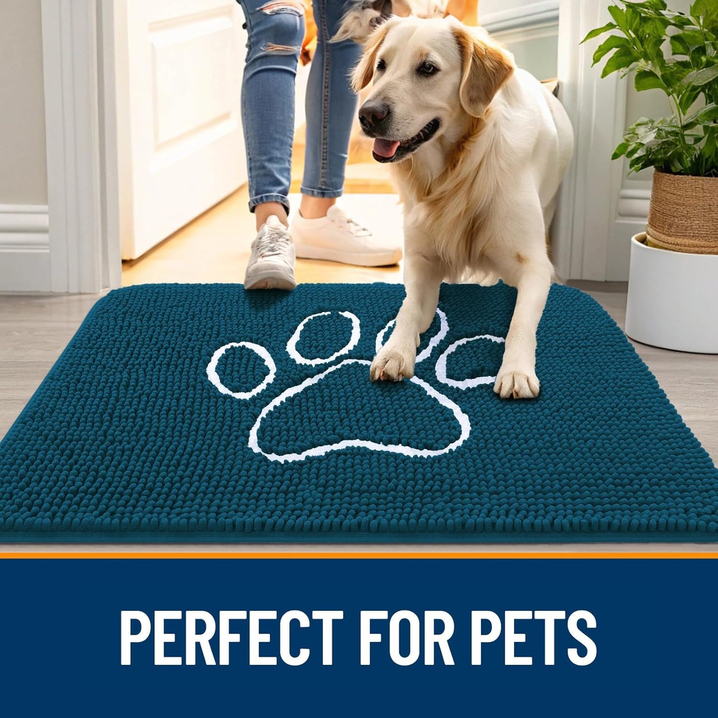 OLANLY Door Mat for Muddy Dog Paws 36x24, Absorbent Chenille Mud Doormat with Paw Print Design, Non-Slip Washable Doormat for Indoor Entryway, Quick-Dry Pet Bed Mats for Dirty Dogs, Atlantic Blue