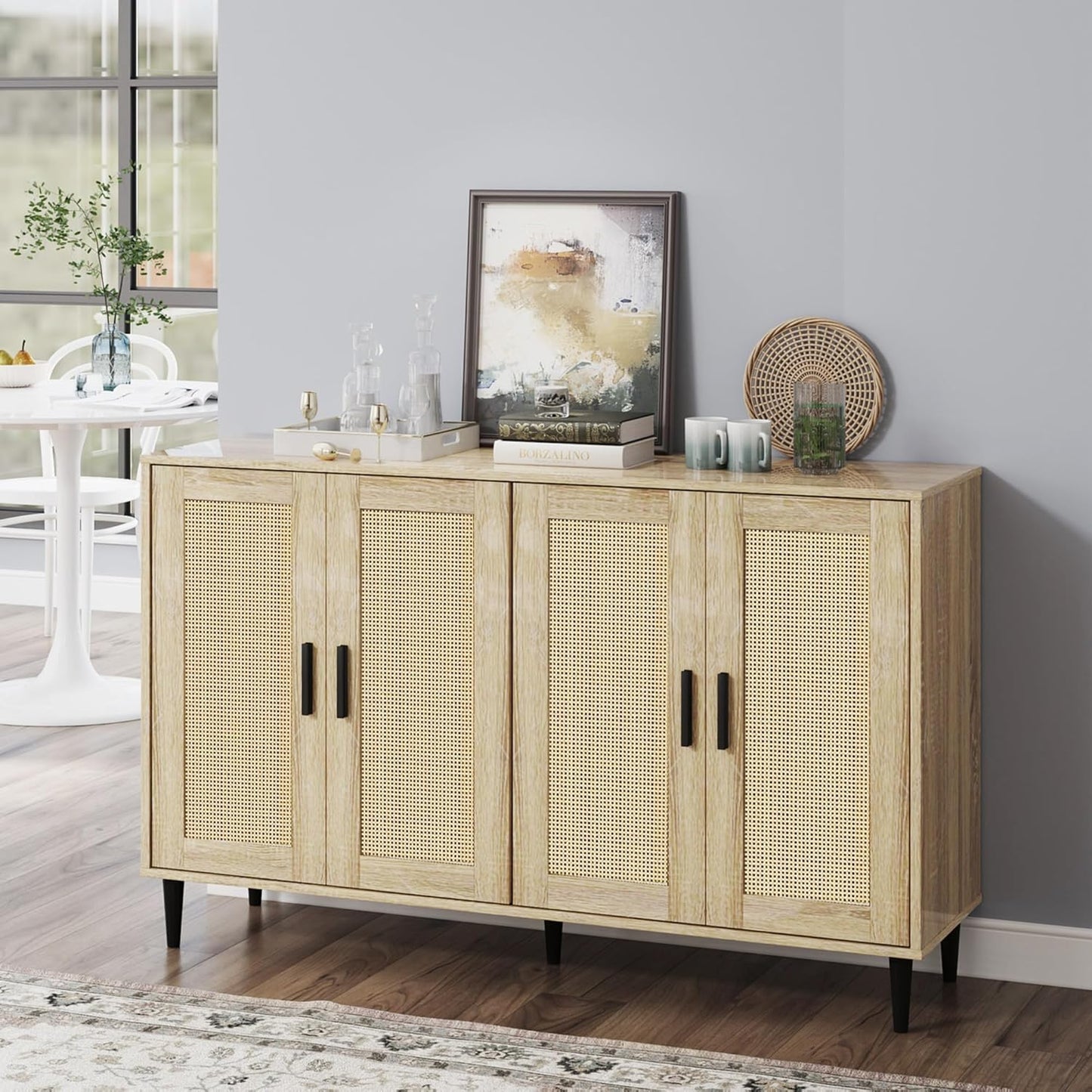 Buffet Sideboard,Kitchen Storage Cabinet with 4 Rattan Decorated Doors,Coffee Bar Cabinet with Adjustable Shelves for Living Room,Hallway,Natural