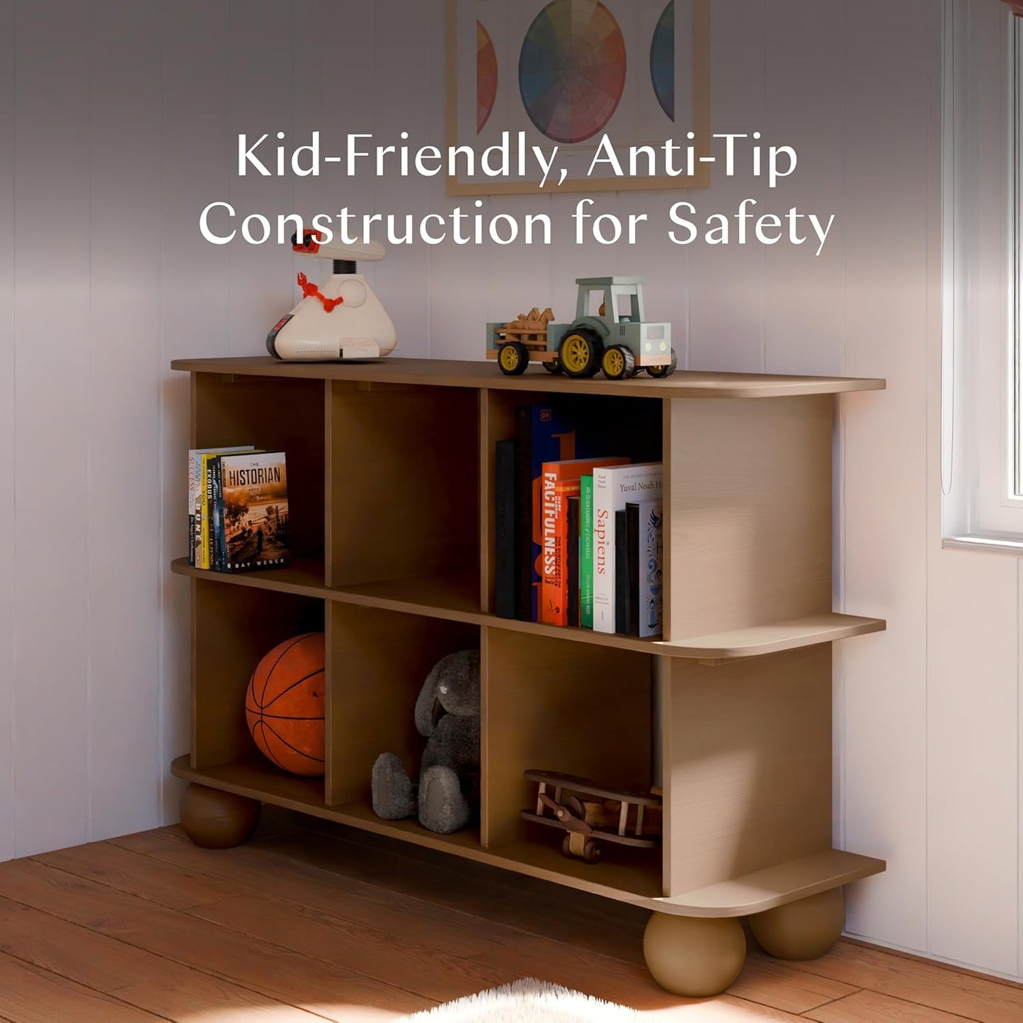 Babyletto Bondi Assembled Open Bookcase Kids Book Case w/Wide 6-Cube Montessori Wooden Book Shelves for Bedroom/Playroom/Living Room/Office - Modern Wood Bookshelf - Natural Walnut