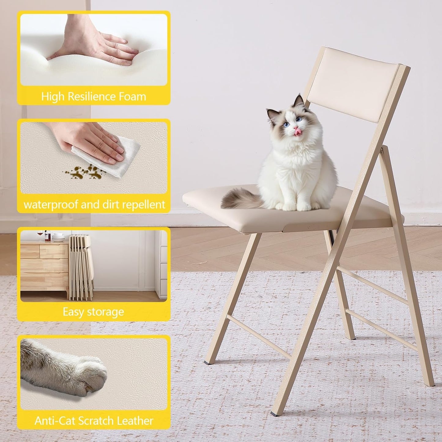 Folding Chairs with Cushion 2 Pack - Heavy Duty Steel Frame Foldable Dining Chairs, Waterproof Leather Indoor Outdoor Comfortable Folding Chairs for Home, Conference Rooms, Weddings, Events (Wood)