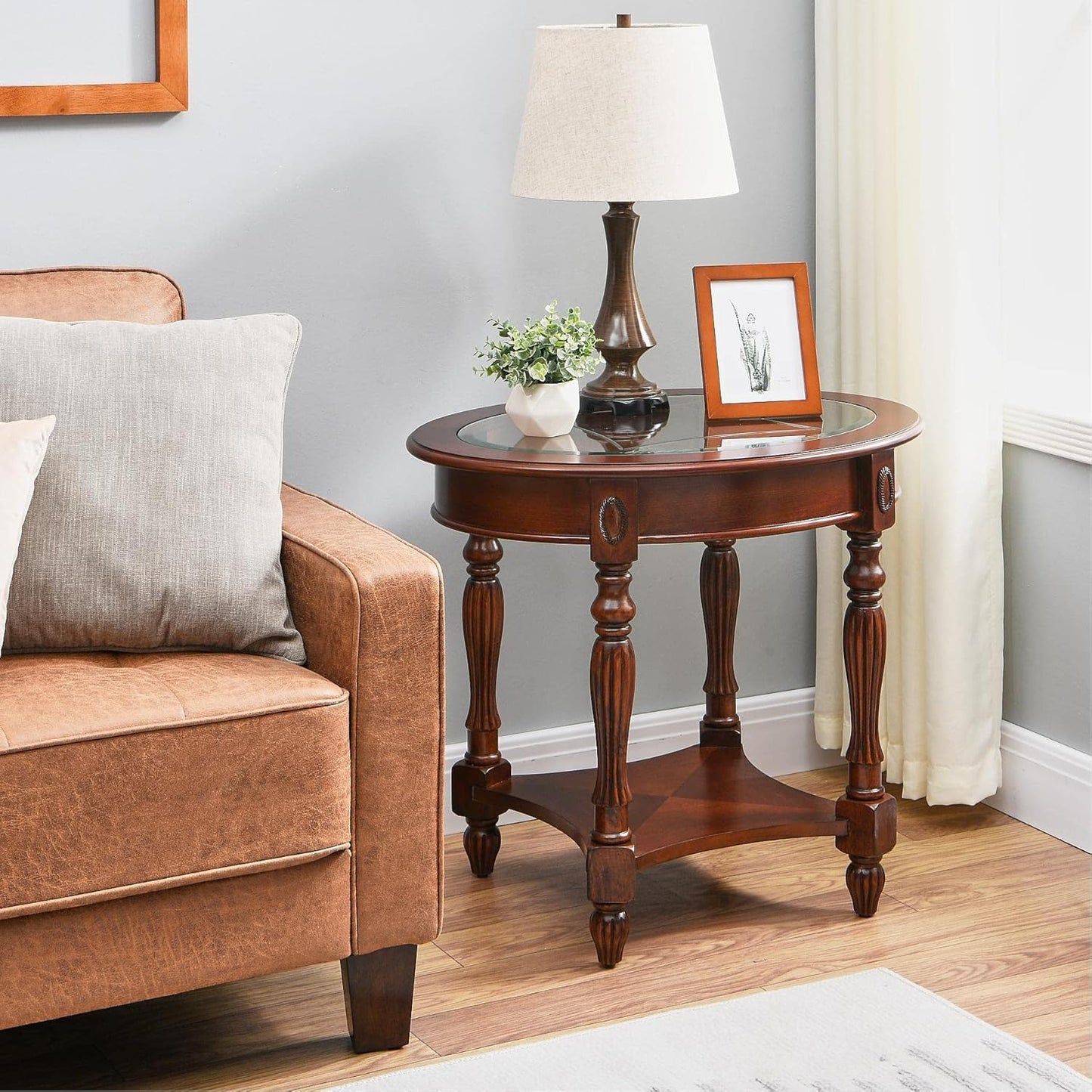 LEEMTORIG Oval Round Glass End Table, 2-Tier Solid Wood Glass Top End Side Tables, Traditional Victorian Nightstand for Bedroom Living Room Office, 28" W x 22" D x 24.2" H, Cherry Walnut CJZ-1533-GT