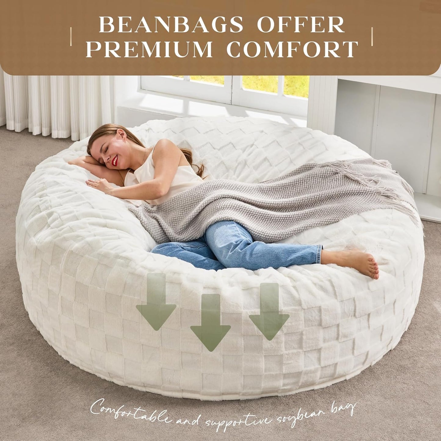 Hobestluk Bean Bag Chairs Beanbag Chair with Filler Adult Bean Bags with Fluffy Cover, Giant Bean Bag Chairs for Adults for Living Room, Bedroom (White, 6FT - 70" x 70" x 15")