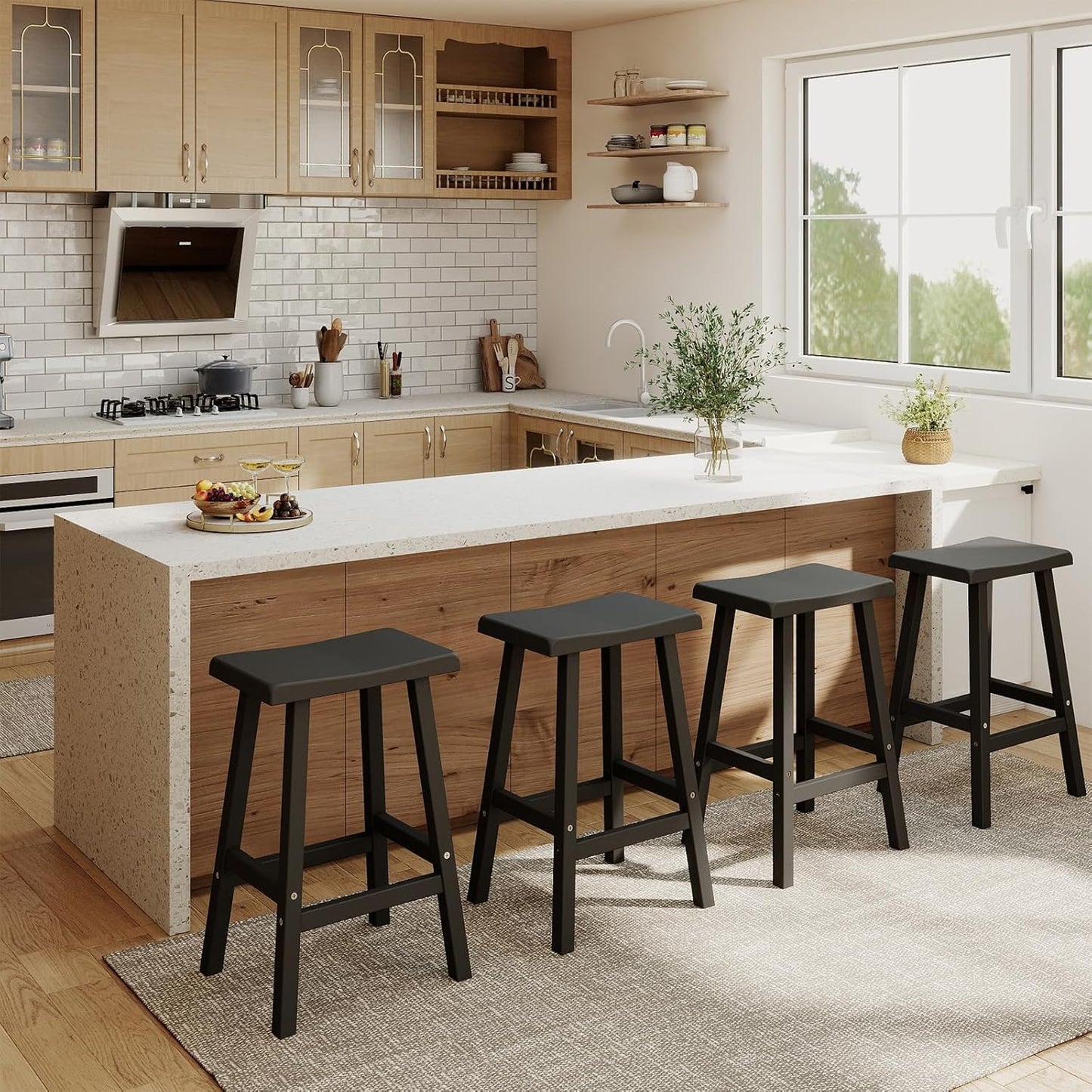 Bar Stools Set of 4, Waterproof UV-Resistant,Durable Resin Kitchen Island Chairs for Indoor & Outdoor Use, Modern Design for Home,Bar,and Cafe (29''Black-4)