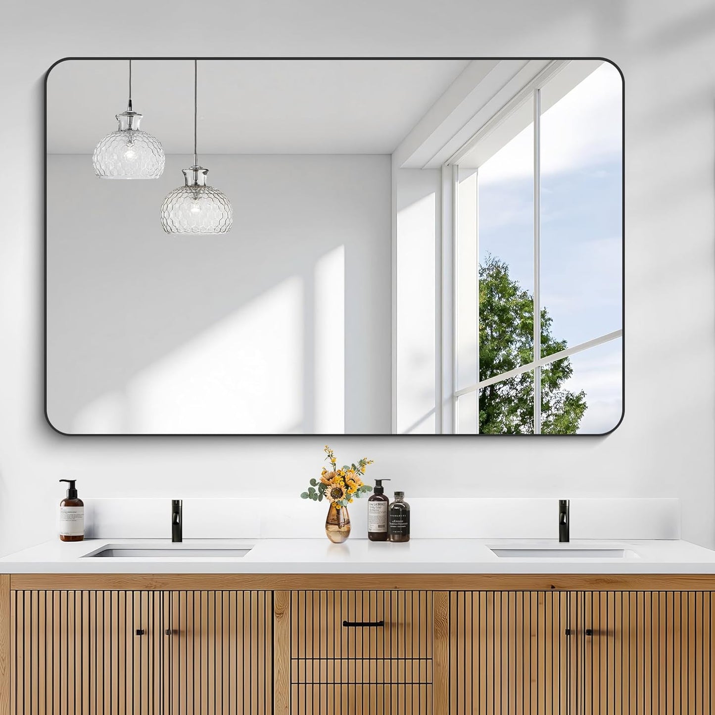 KOCUUY 55x36 Black Bathroom Mirror, Large Matte Black Vanity Mirror, Tempered Glass Mirror for Bathroom Wall, Black Rounded Rectangle Mirror Modern Decor for Bedroom, Living Room, Farmhouse, Entryway