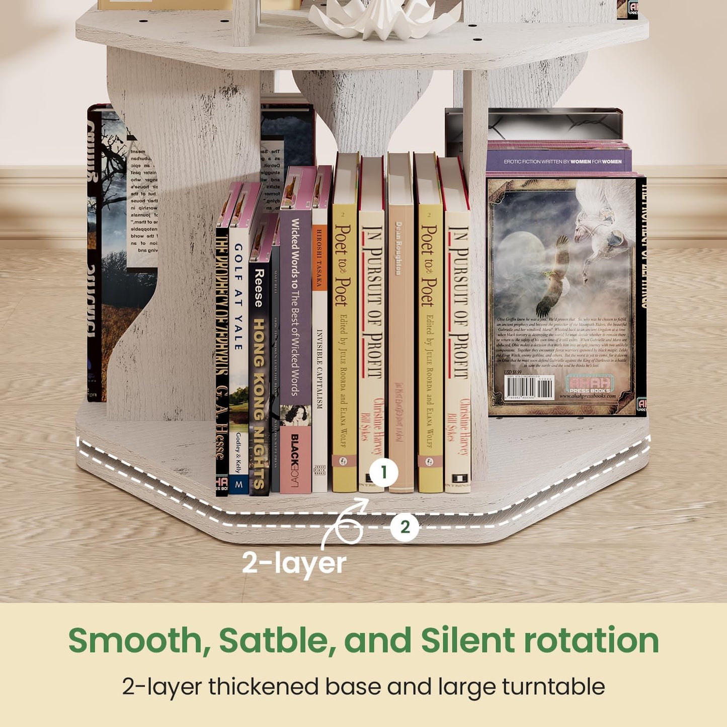 Rotating Bookshelf, 5 Tier Spinning Bookshelf Tower, Corner Revolving Storage Rack for Bedroom, Study Room, Kids Room, Living Room, Office (White, 5 Tier)