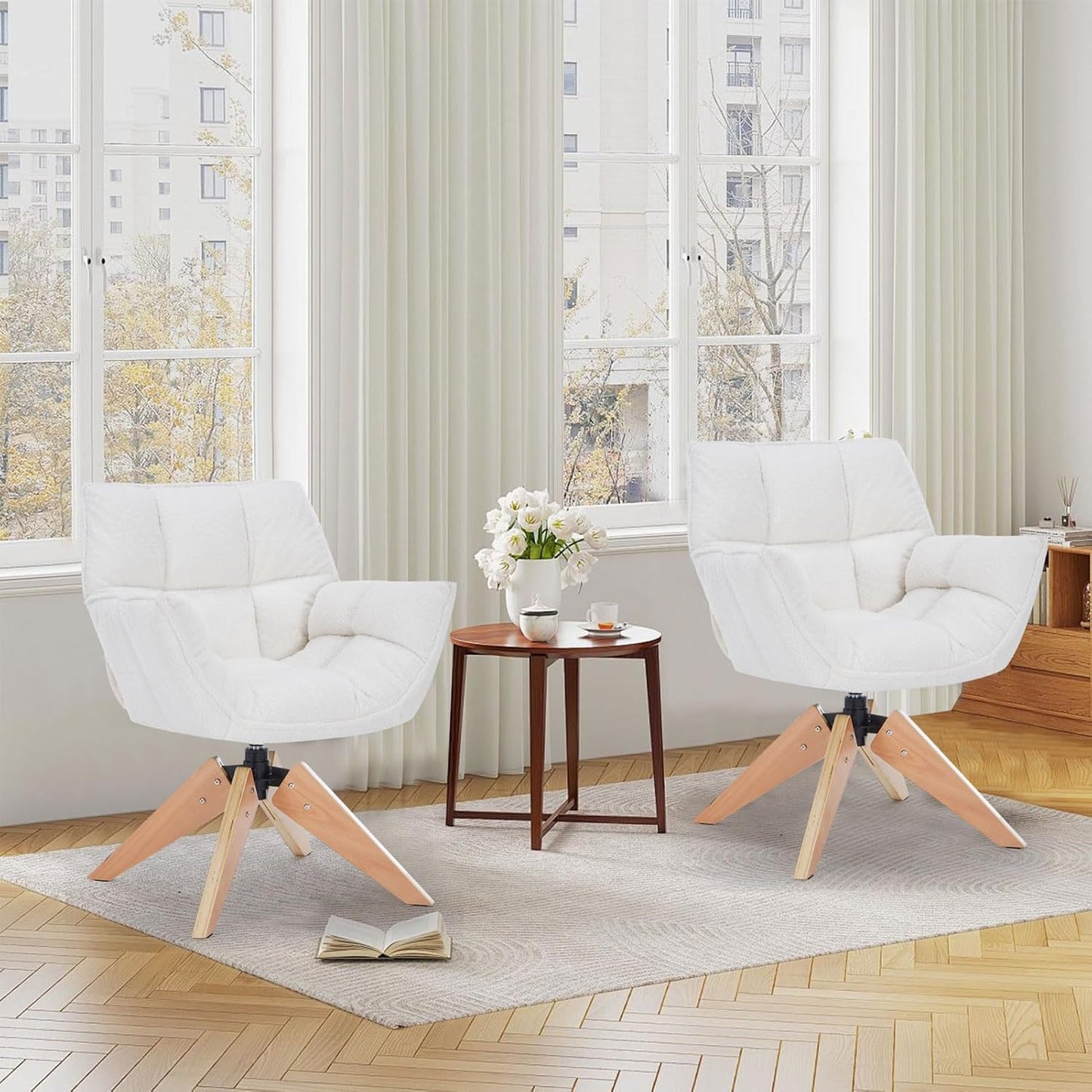 Mid Century Accent Chair, Lambs Wool Vanity Chair Modern Cozy Desk Chair no Wheels with Amrest, Wood Legs for Living Room, Reading Room, Bedroom, White