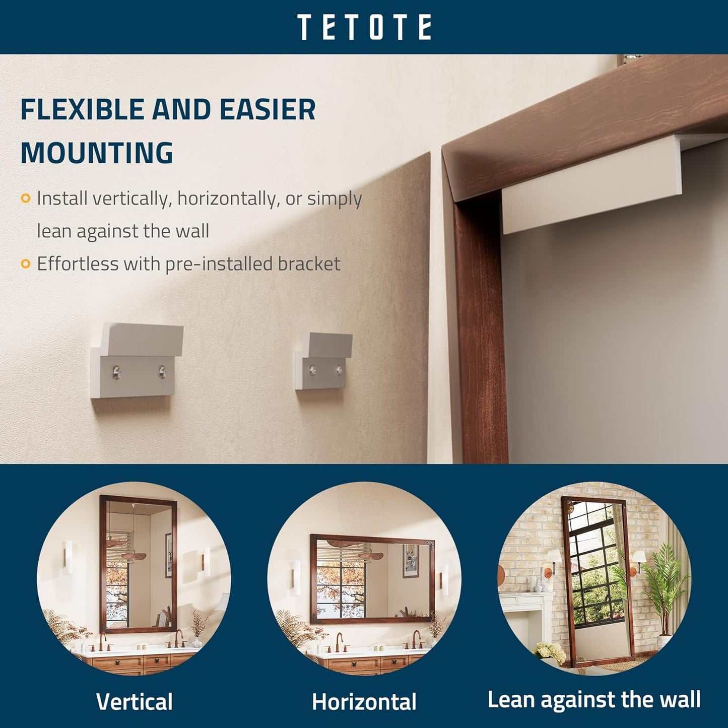 TETOTE 48 x 30 Walnut Wood Mirror for Bathroom Wall/Bedroom/Living Room/Entryway Farmhouse Rustic Wall Mirror Brown Waterproof (Horizontal/Vertical Mounted)