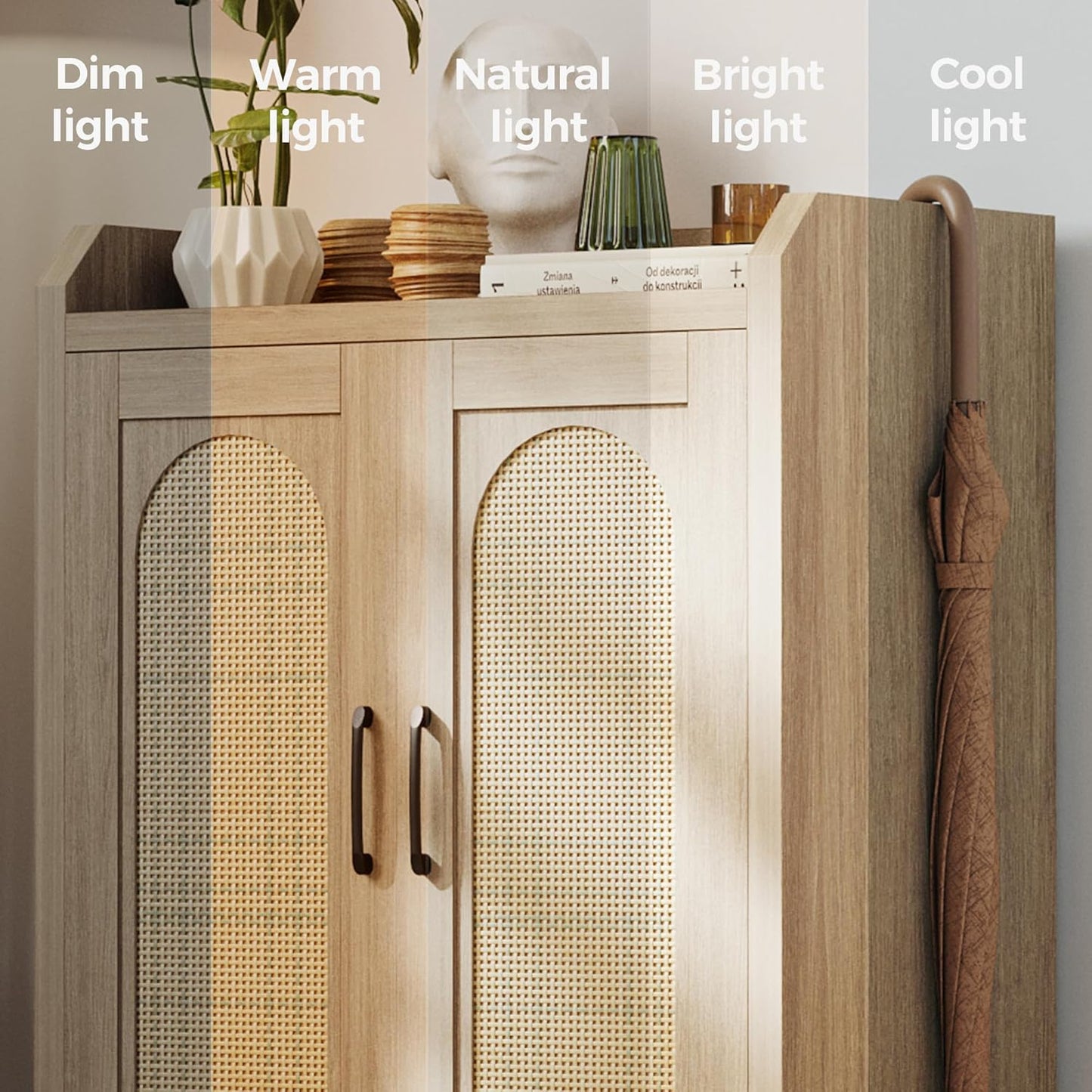 Shoe Cabinet Storage for Entryway, Rattan Storage Cabinet, Wooden Shoe Rack with Doors, Farmhouse Boho Wood Shoe Organizer Cabinet for Hallway (Oak)