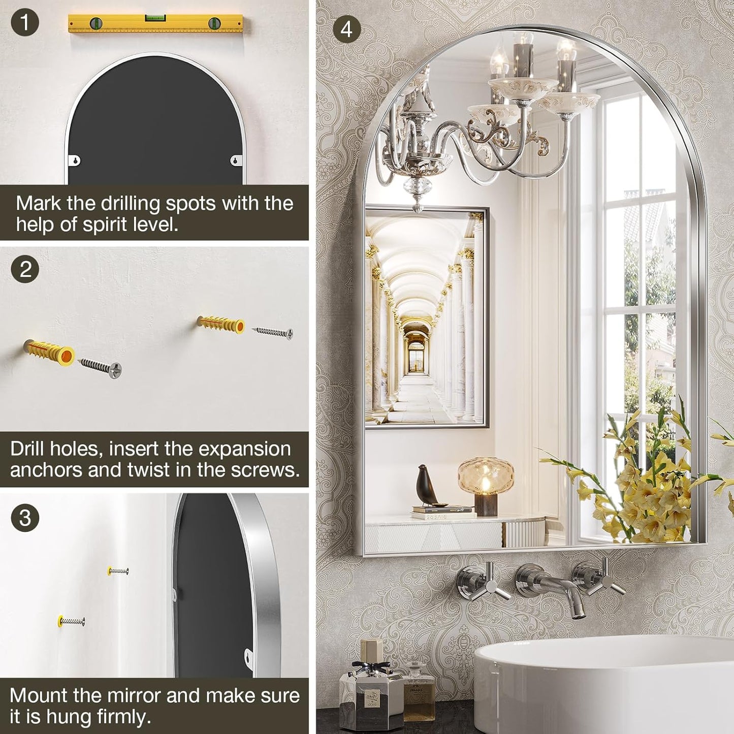 Brightify Arched Mirror, Arched Wall Mirror, 24 x 40 Inch Silver Arch Mirror, Metal Frame Black Bathroom Mirror, Arched Top Bathroom Vanity Mirror for Living Room Bedroom Mantel Entryway Hallways