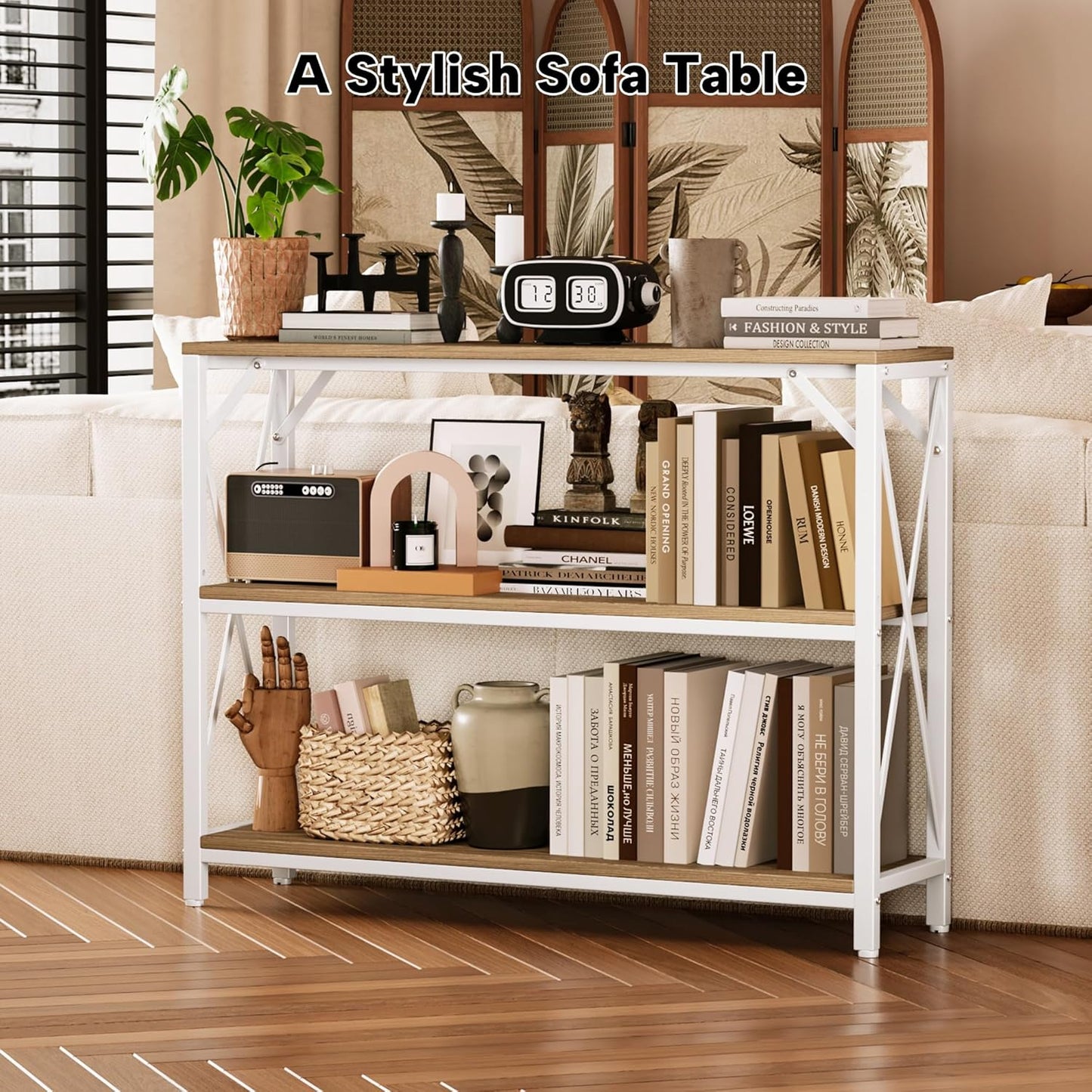 Homeiju Entry Table 40" Width, 3-Tier Entryway Table with Storage, Industrial Sofa Table with Open Shelves, Foyer Tables for Entryway, Hallway, Kitchen, Living Room and Bedroom, Light Coffee