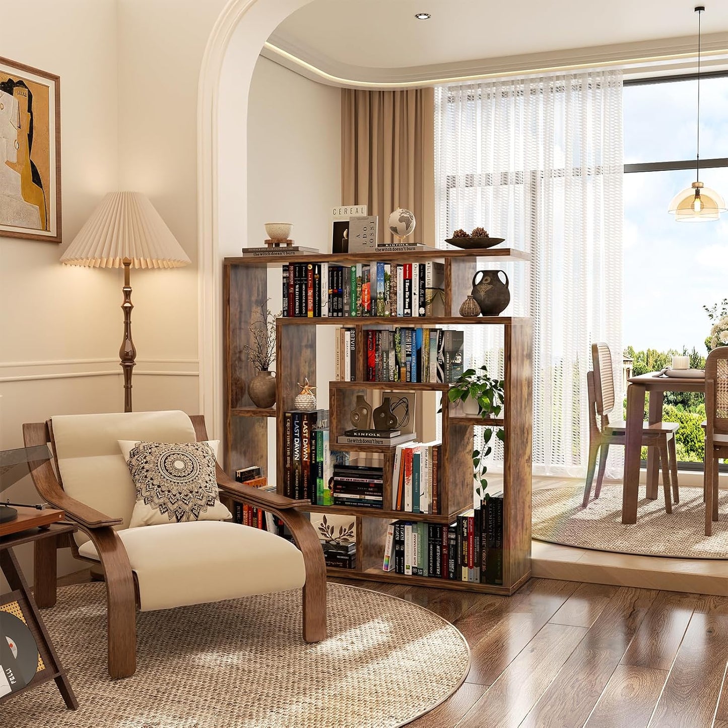 armocity 6 Tier Display Book Shelf Wall Mounted Bookshelf Freestanding Geometric Bookcase Floating Book Shelves for Wall Bedroom Living Room Home Office, 45.5"(W) * 47"(H), Rustic Brown