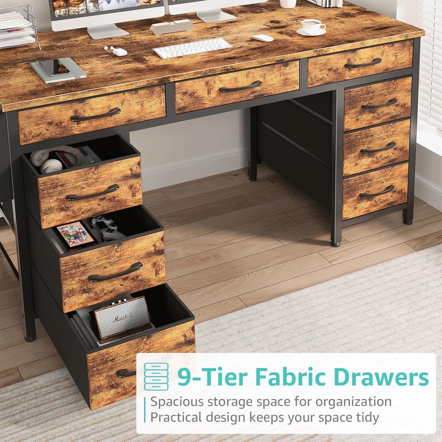 Lufeiya 47 Inch Computer Desk with 9 Drawers, Office Desk Work Desk for Home Office, Study, Writing Desk with Fabric Drawers on Both Sides, Large Storage, Rustic Brown