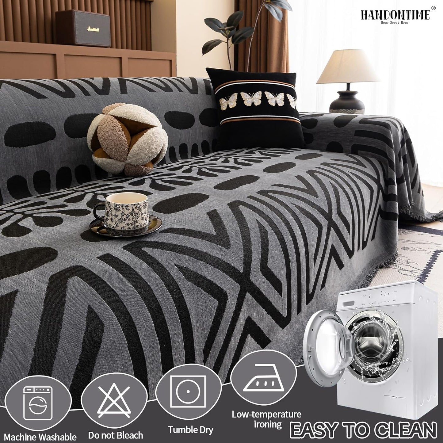 HANDONTIME Boho Couch Cover Blanket Geometric Striped Pet Covers for Couches and Sofas Dark Grey and Black Dog Cover for Couch Pet Friendly Chenille Sectional Sofa Covers for Pets Washable, 71" X118"