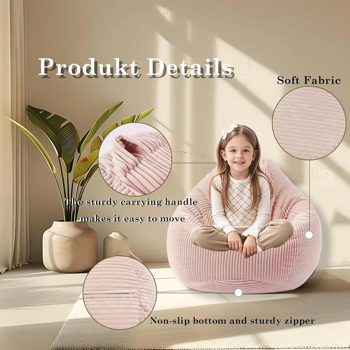 LPMOERA Bean Bag Chairs for Kids/Teen with Memory Foam Filling Bean Bag Sofa with Soft Corduroy Fabric BeanBag Chair for Living Room Bedroom College Dorm Reading Chair Light Pink