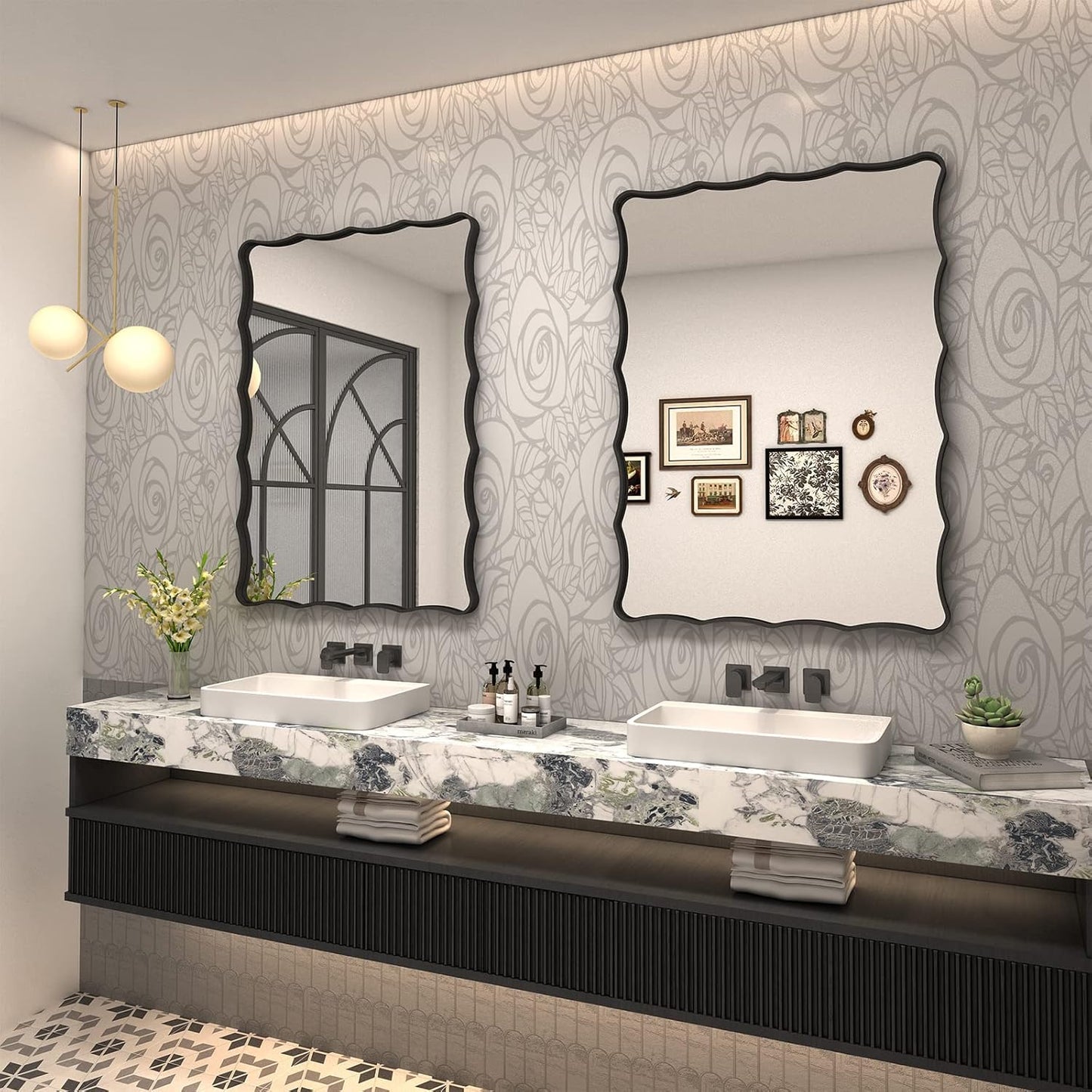 24x36 Matte Black Mirror, Black Metal Vanity Mirror for Wall, Rectangle Bathroom Mirror with Wavy Frame, Anti-Rust(Horizontal/Vertical)