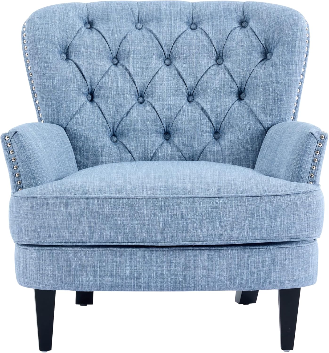 Ball & Cast Accent Chair,Mid-Century Lounge Living Room Chairs with Button Tufting,Upholstered Reading Accent Chair W/Solid Wood Legs and Curved Backrest,for Bedroom,Apartment,Light Blue