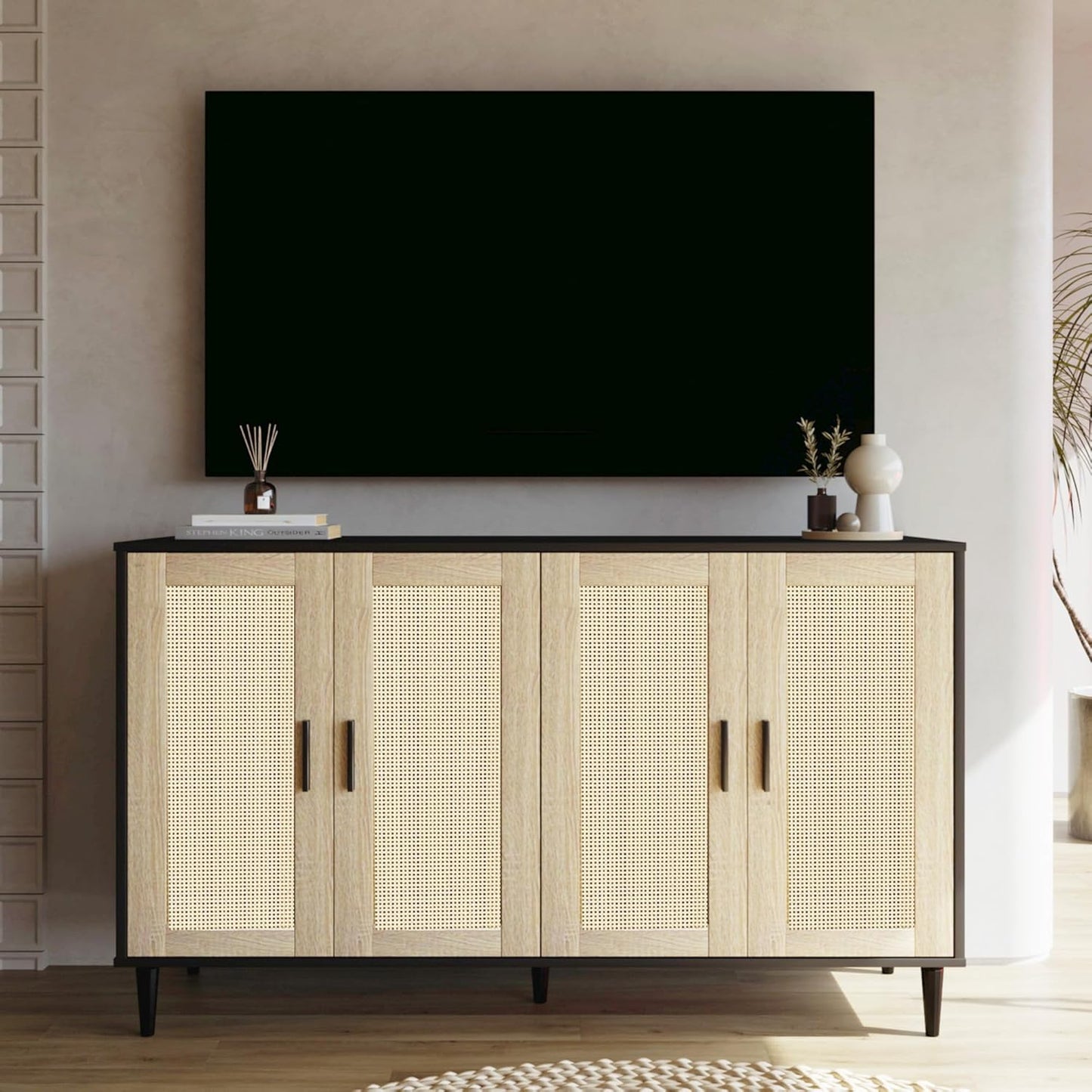 Black Buffet Sideboard,Kitchen Storage Cabinet with 4 Rattan Decorated Doors,Coffee Bar Cabinet with Adjustable Shelves for Living Room,Hallway