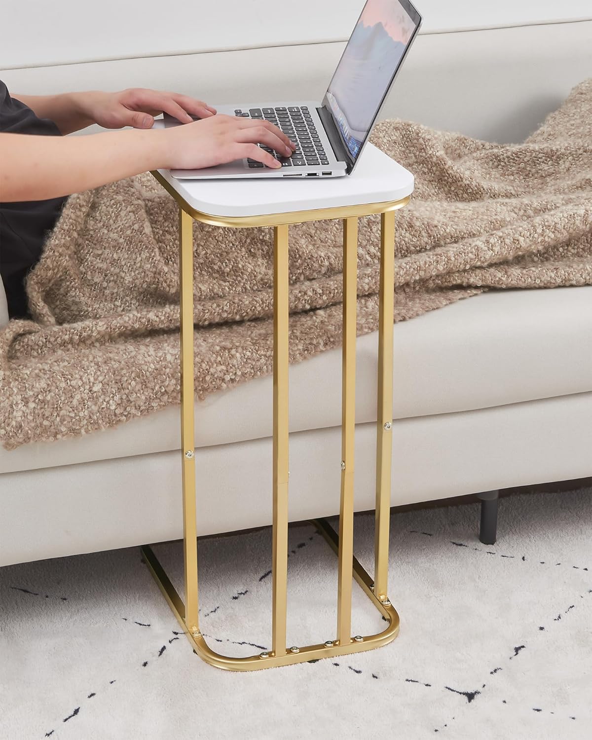 C Shaped End Table, 27 inches High Side Table for Couch Sofa Bed, Small Tv Tray, for Living Room, Bedroom, Metal Frame, Gold & White