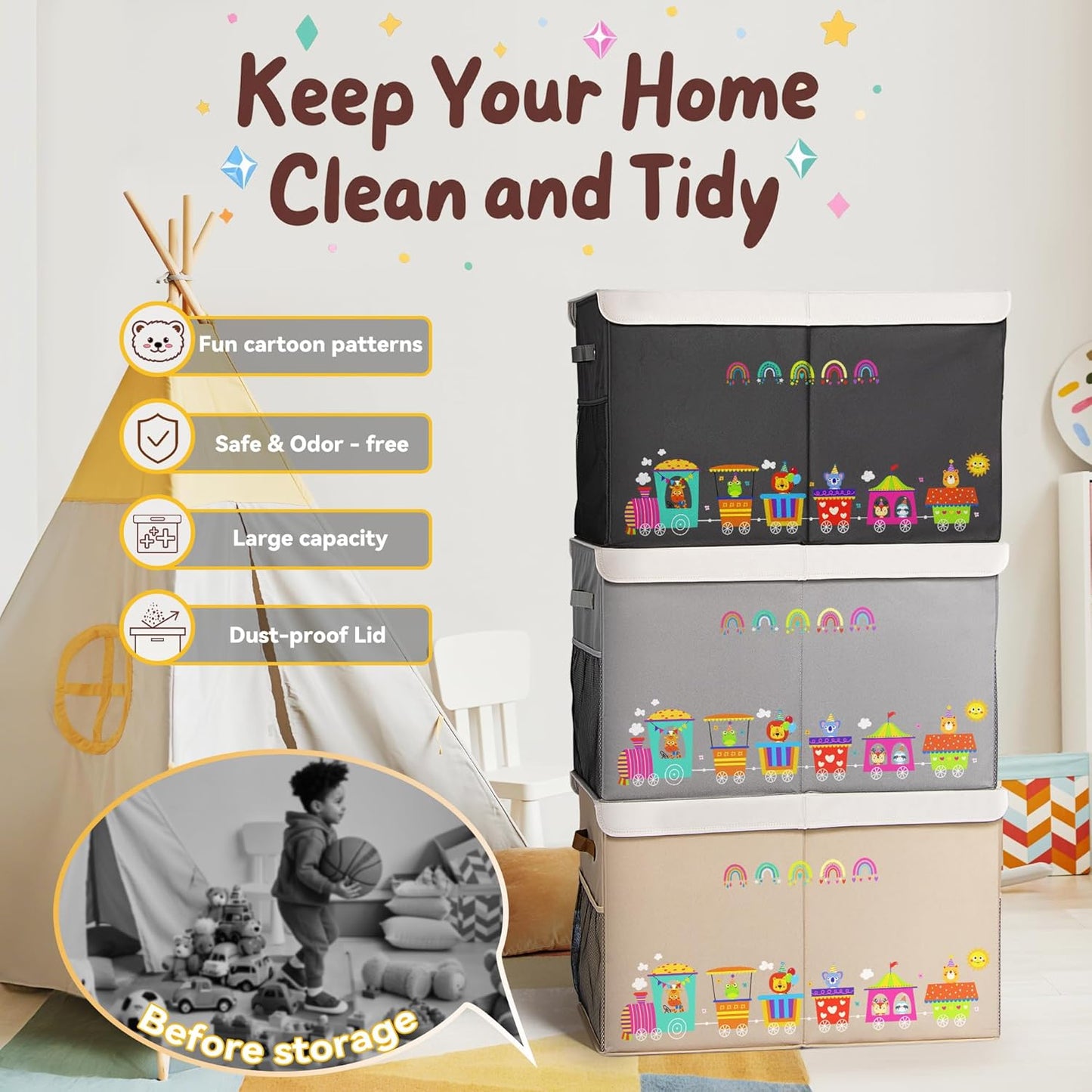 80L Large Toy Storage Box with Lid, Large Toy Box Chest for Kids, Girls and Boys, Nursery Room and Living Room, 26"x13" x16" (Dark Khaki-train)