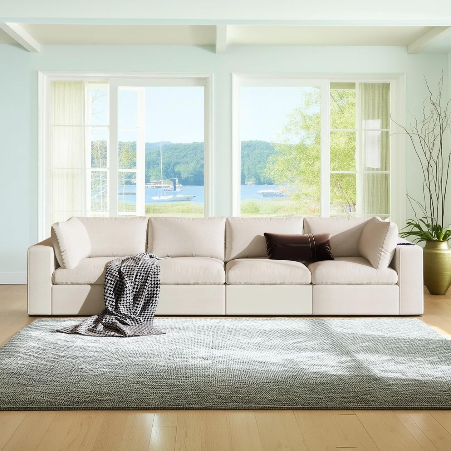 133.9 Inch Modular Convertible Sectional Sofa with Storage, USB Ports, Wireless Charging & Built-in Speaker in Arm, L-Shaped Upholstered Sleeper Couch for Living Room Office, Beige