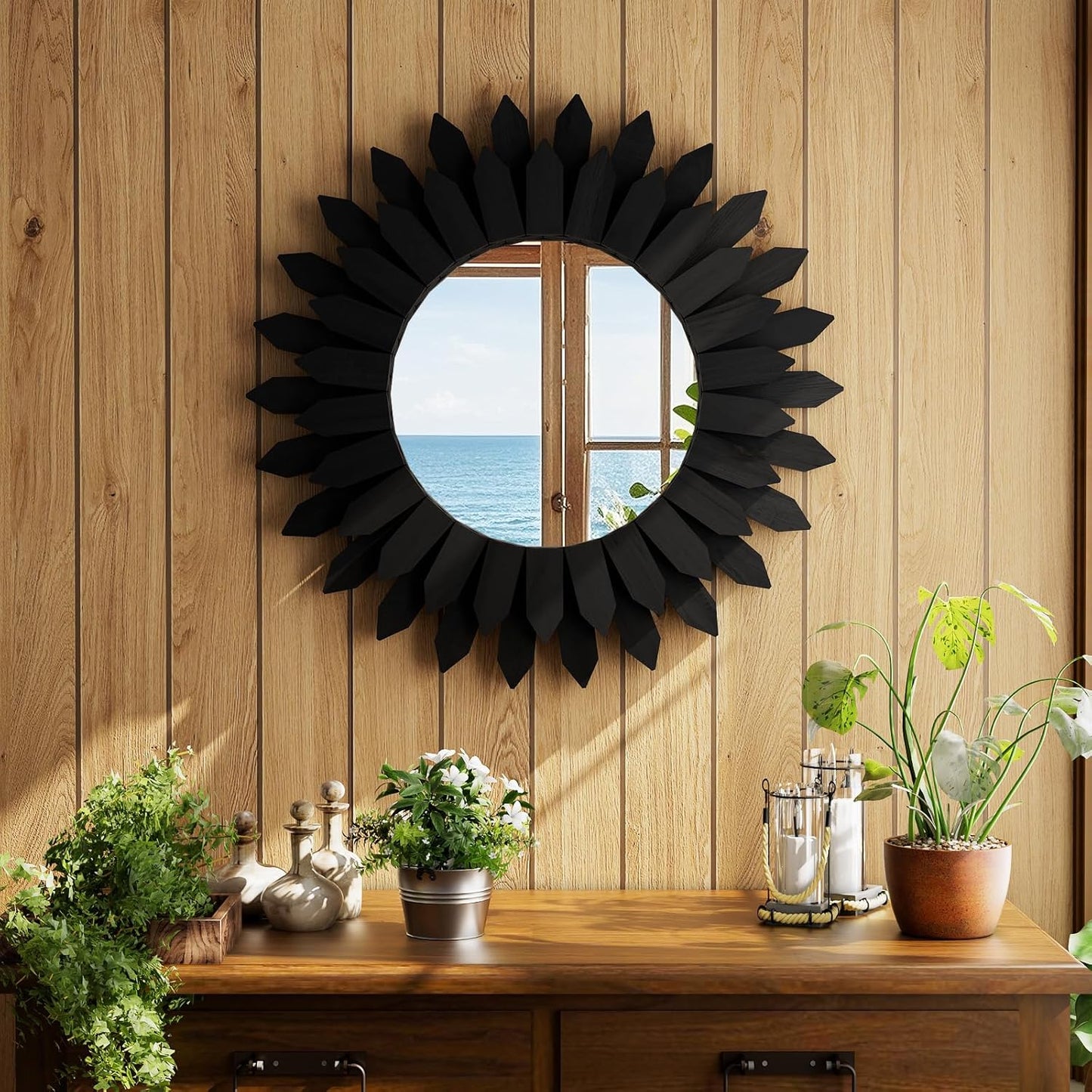20 Inch Black Boho Wall Decor Sunburst Mirror - Round Wooden Wall Decor, Handmade Rustic Circular Mirror for Living Room, Bedroom, Entryway, Office