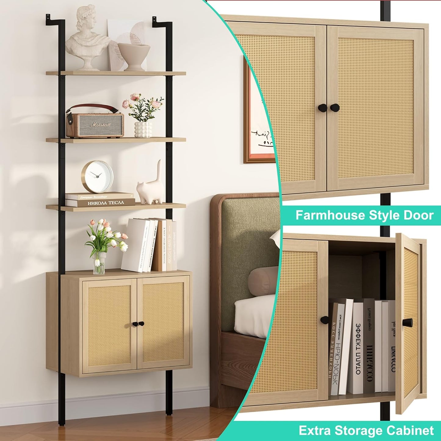 Yusong 73" Tall Bookshelf with Cabinet, Industrial Ladder Wall Mount Shelf Rattan Bookcase with Wood and Metal Frame, Plant Shelf Wall Storage Display for Living Room Bedroom,Light Ivory Brown