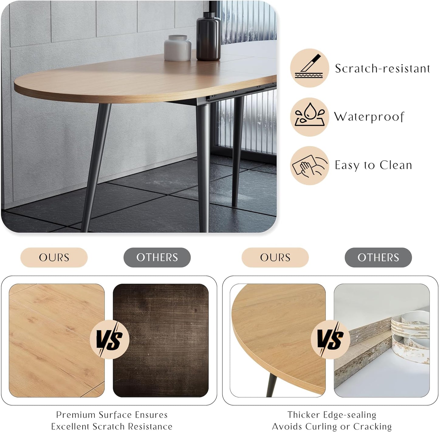 75" x 32" Extendable Dining Table - Oval Wooden Table Top with Metal Legs, Space-Saving Extendable 59" to 75" Dining Kitchen Table (Oval, Natural)
